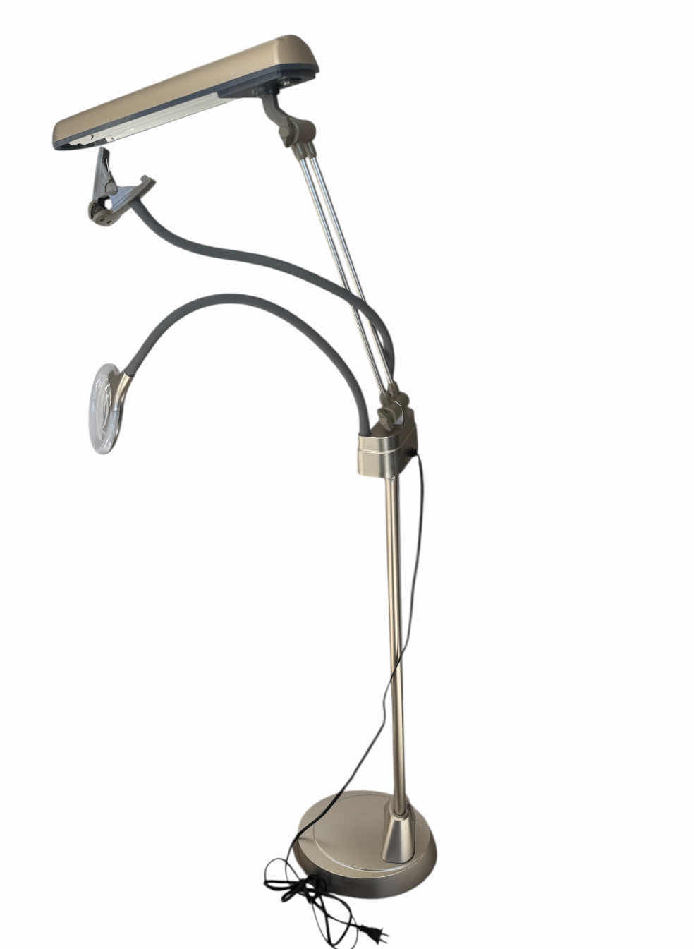 Photo 1 of 3 IN 1 ADJUSTABLE CRAFT FLOOR LAMP, MAGNIFYING GLASS AND CLAMP, GRAY/PALE GOLD 18” X 8” X H59”