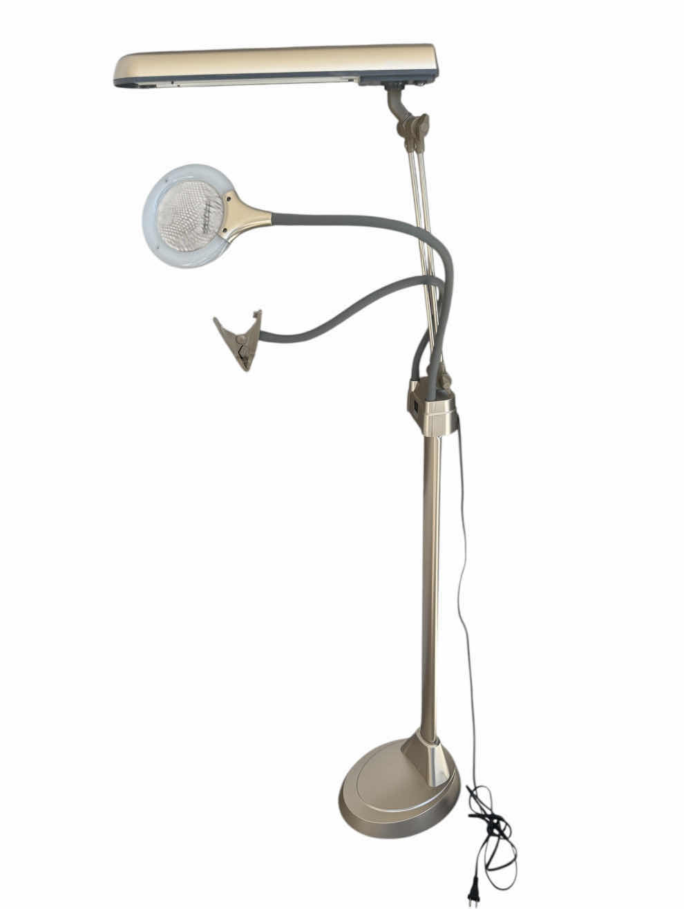 Photo 1 of 3 IN 1 ADJUSTABLE CRAFT FLOOR LAMP, MAGNIFYING GLASS AND CLAMP, GRAY/PALE GOLD 18” X 8” X H59”