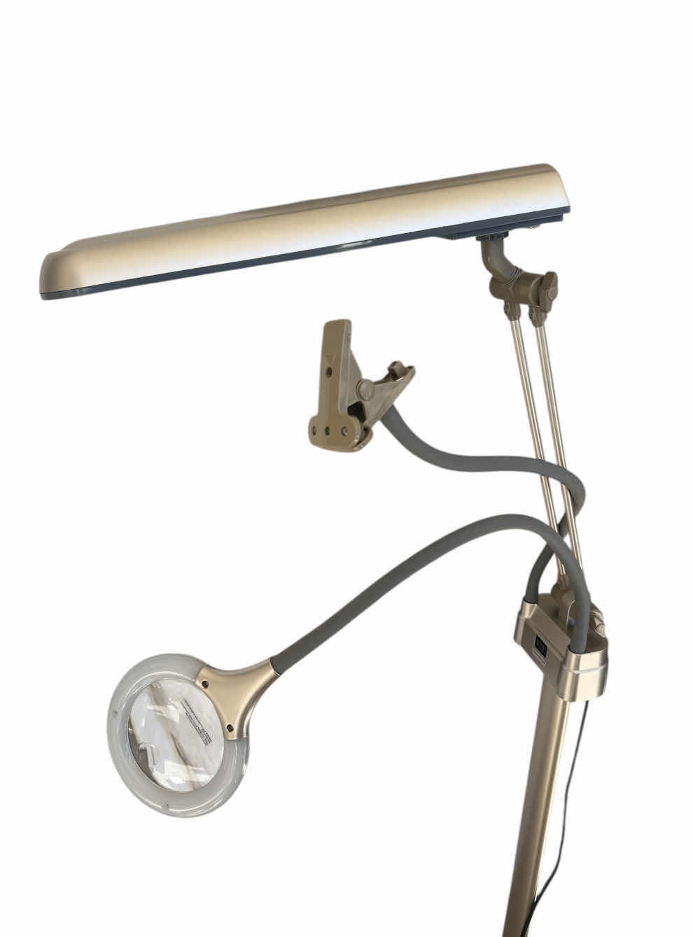Photo 1 of 3 IN 1 ADJUSTABLE CRAFT FLOOR LAMP, MAGNIFYING GLASS AND CLAMP, GRAY/PALE GOLD 18” X 8” X H59”