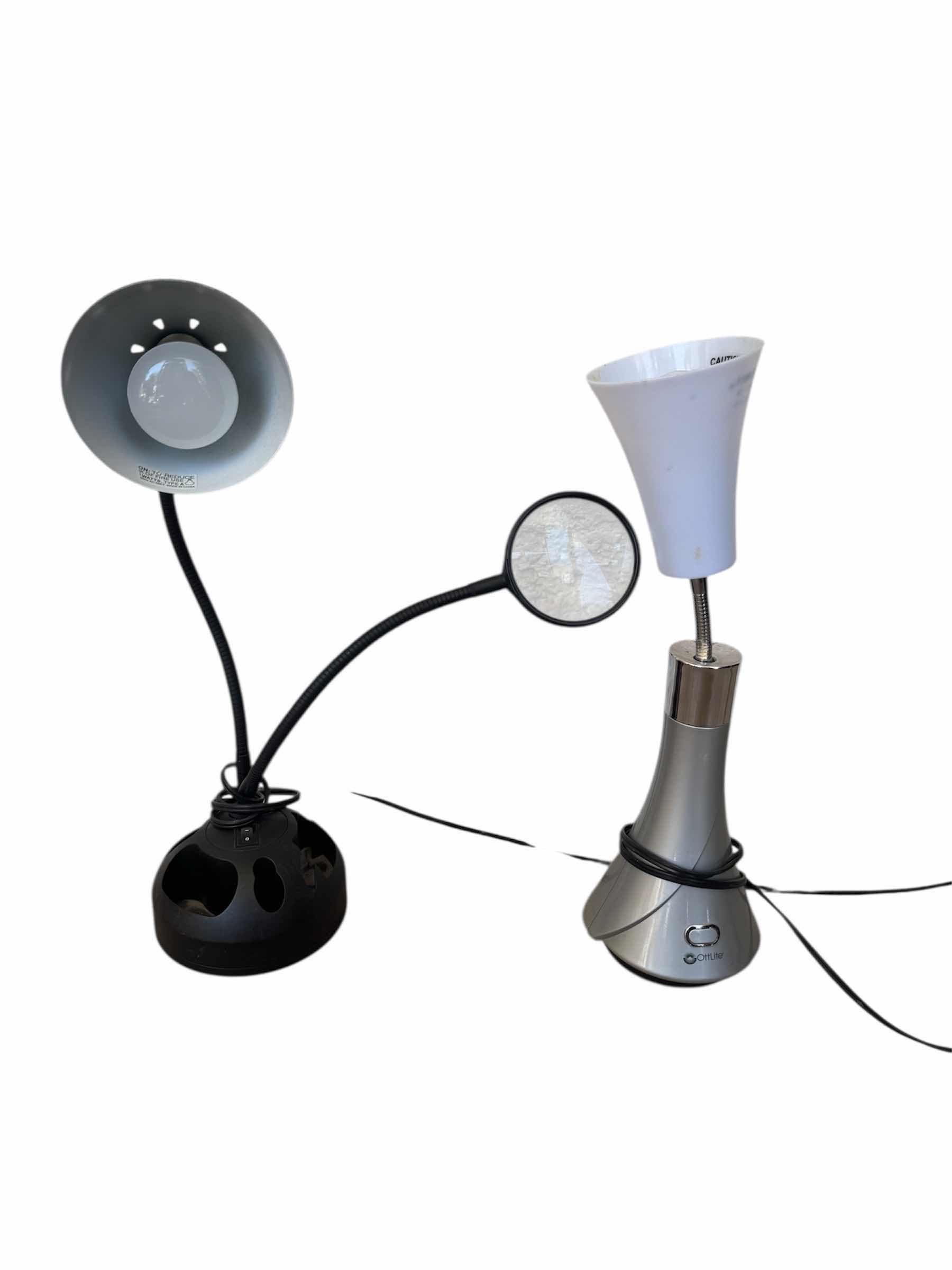Photo 1 of DESK CRAFT-2 IN 1 MAGNIFIER LAMP, BLACK, AND DESK LAMP, SILVER/GRAY BLACK LAMP H20”. SILVER/GRAY LAMP H18”