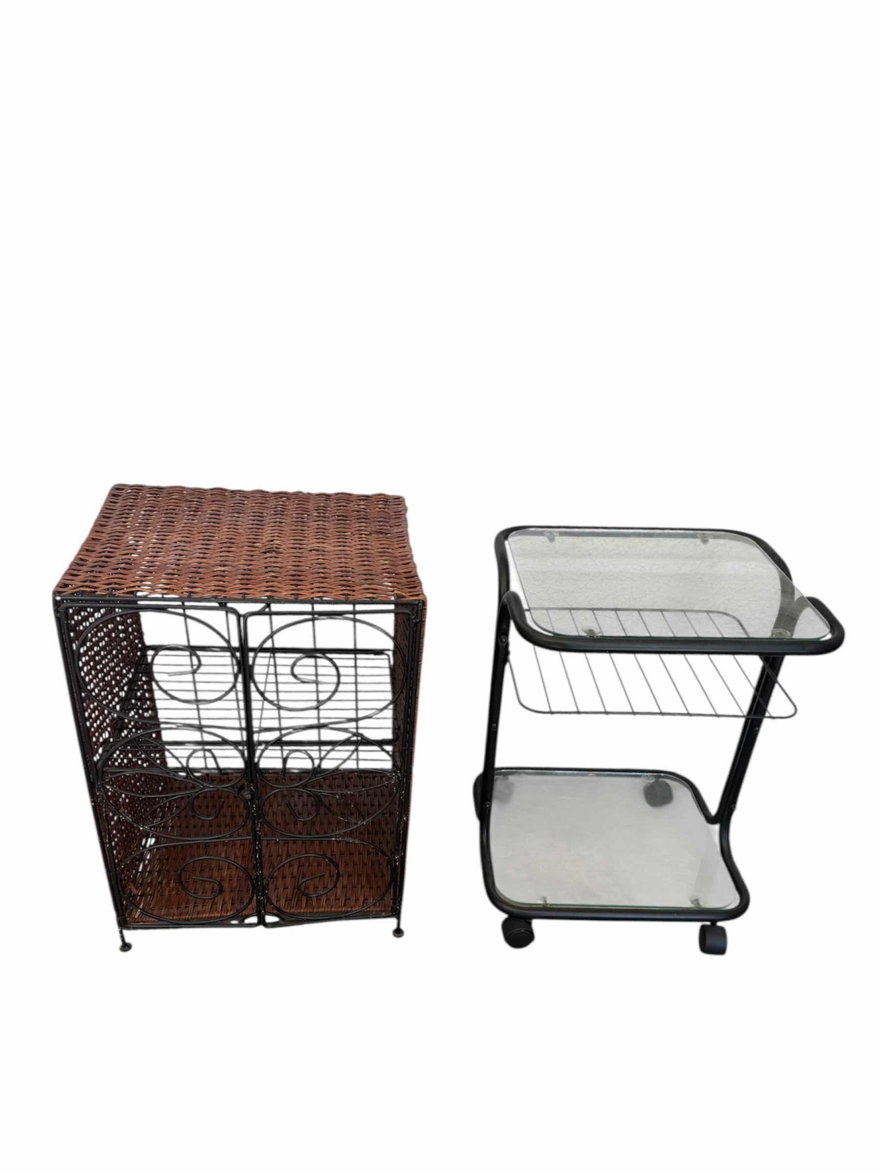 Photo 1 of WICKER BLACK METAL, SIDE TABLE WITH STORAGE,  ROLLING GLASS AND BLACK METAL SIDE TABLE, 2 ITEMS WICKER TABLE 16” X 14” X H23”. GLASS TABLE 16” X 14” X H21”