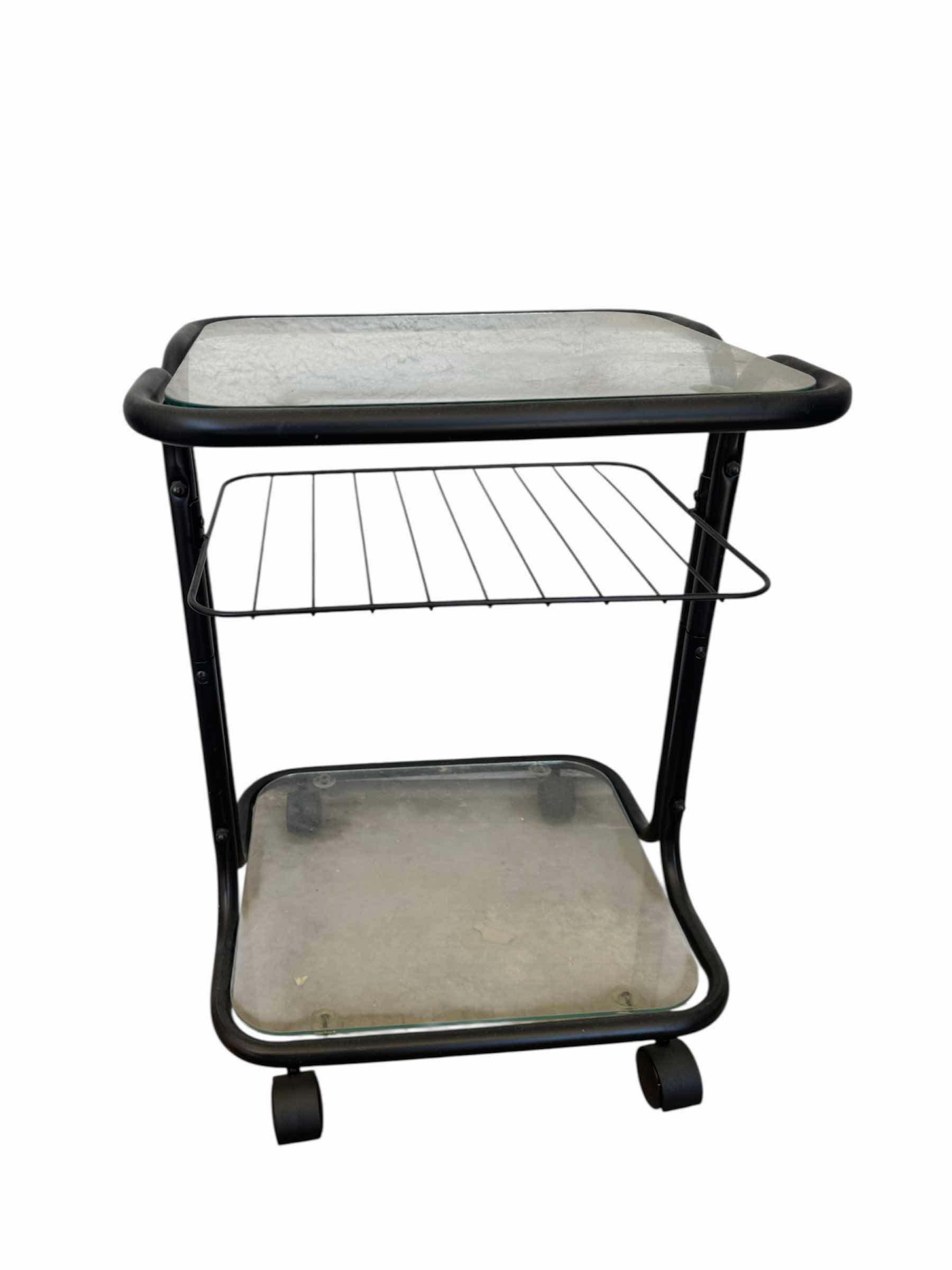 Photo 1 of WICKER BLACK METAL, SIDE TABLE WITH STORAGE,  ROLLING GLASS AND BLACK METAL SIDE TABLE, 2 ITEMS WICKER TABLE 16” X 14” X H23”. GLASS TABLE 16” X 14” X H21”