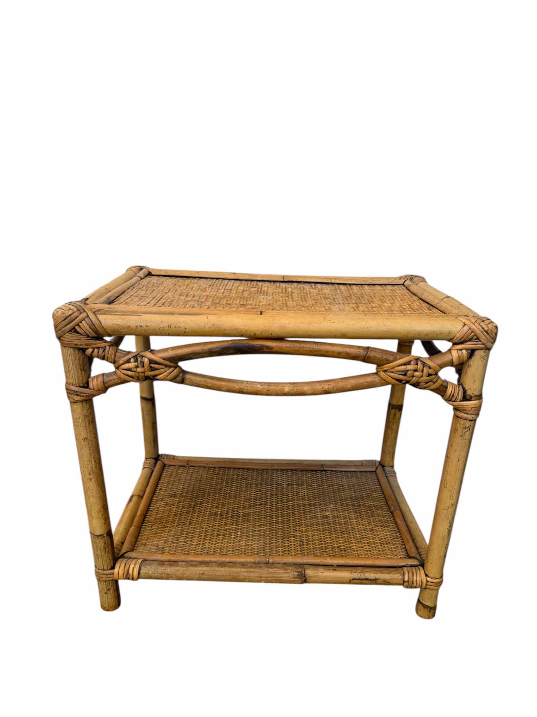 Photo 1 of 3- TIER ROLLING STORAGE CART, METAL, BLACK, AND BAMBOO BOHO SIDE TABLE ROLLING CART 19” X 12” X H29”. BAMBOO TABLE 18” X 12” X H16”