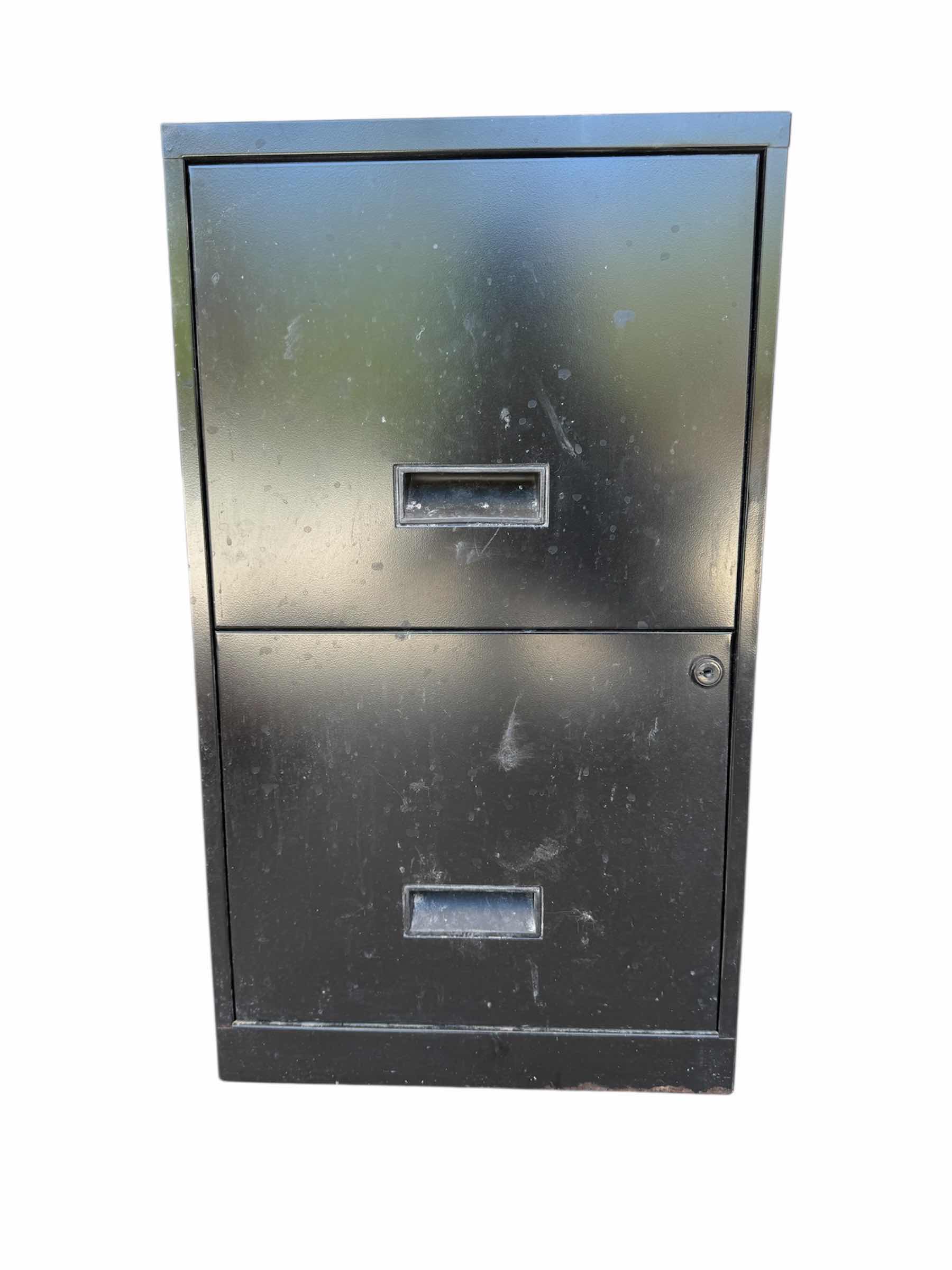 Photo 1 of BLACK METAL 2 DRAWER FILING CABINET AND RUBBERMAID PORTABLE FILE TOTE BLACK FILE CABINET 
14.5” X 18” X H25”