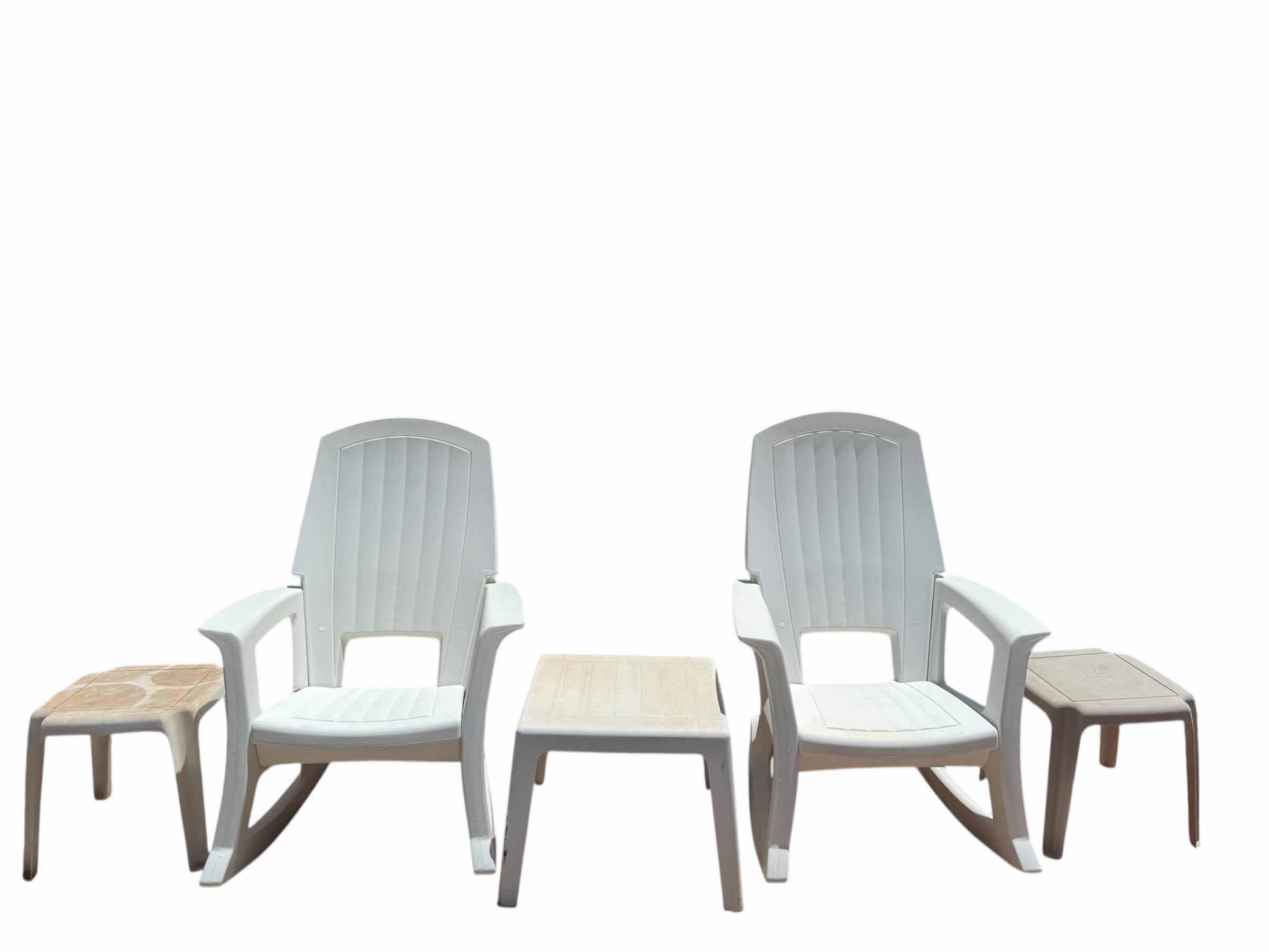 Photo 1 of OUTDOOR HEAVY DUTY ROCKING CHAIRS WITH TABLES, PLASTIC, WHITE ROCKING CHAIR 29” X 22” X H43”