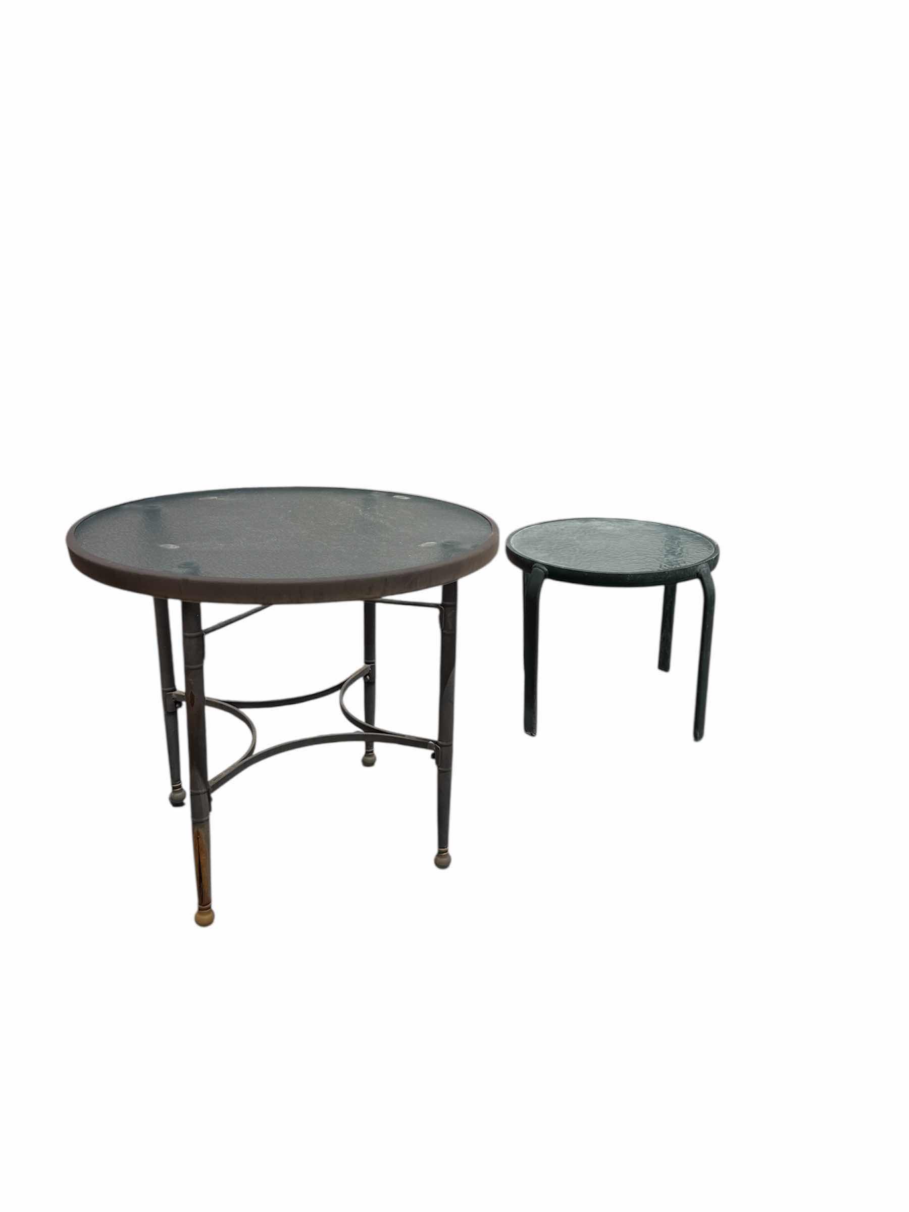 Photo 1 of OUTDOOR PATIO HEAVY DUTY GLASS AND METAL SIDE TABLES SMALL TABLE D21” X H18” LARGE TABLE 28” X H24”
