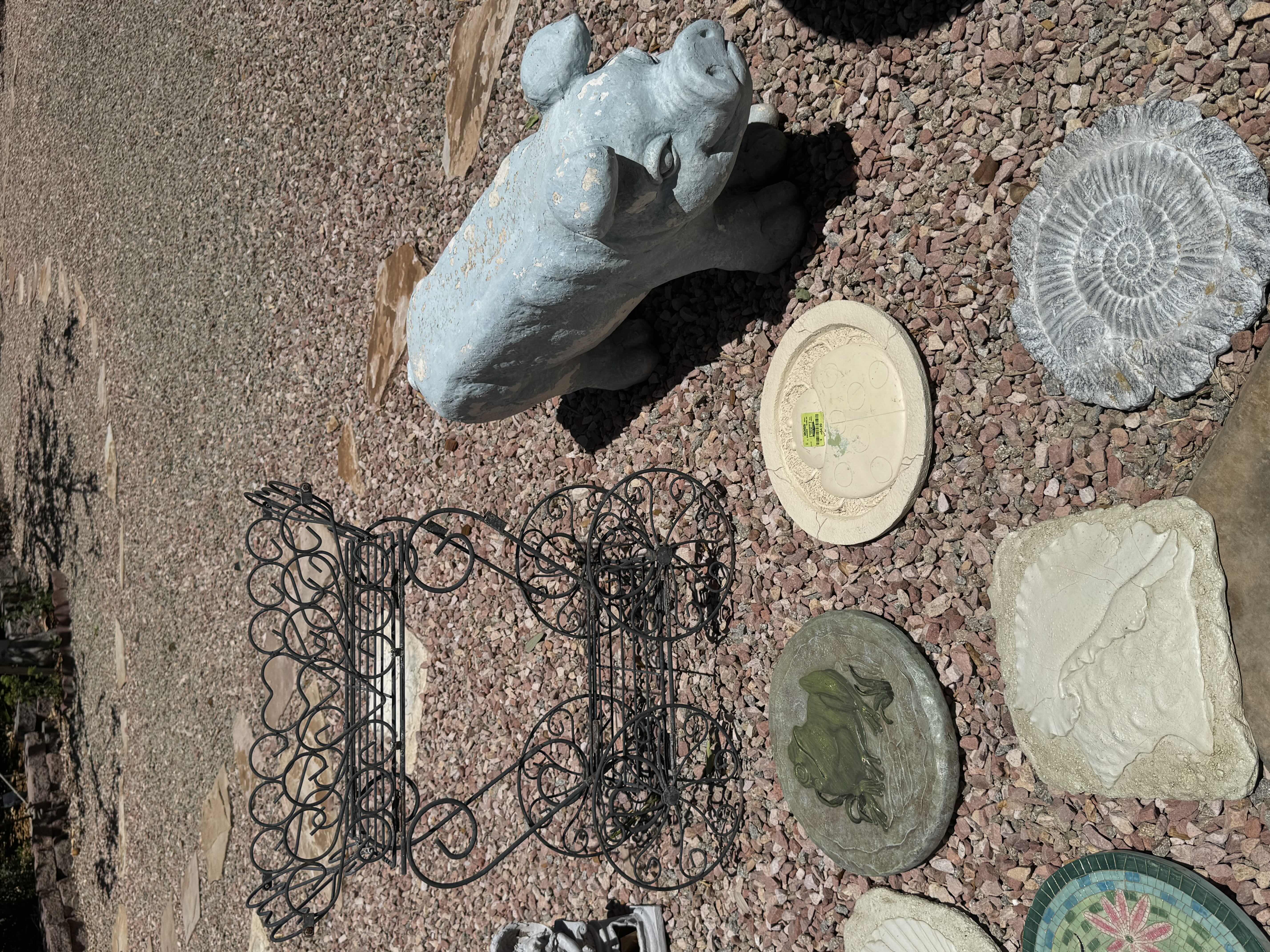 Photo 1 of ASSORTED OUTDOOR AND GARDENING DECOR, RESIN DECOR, METAL PLANT HOLDER CART