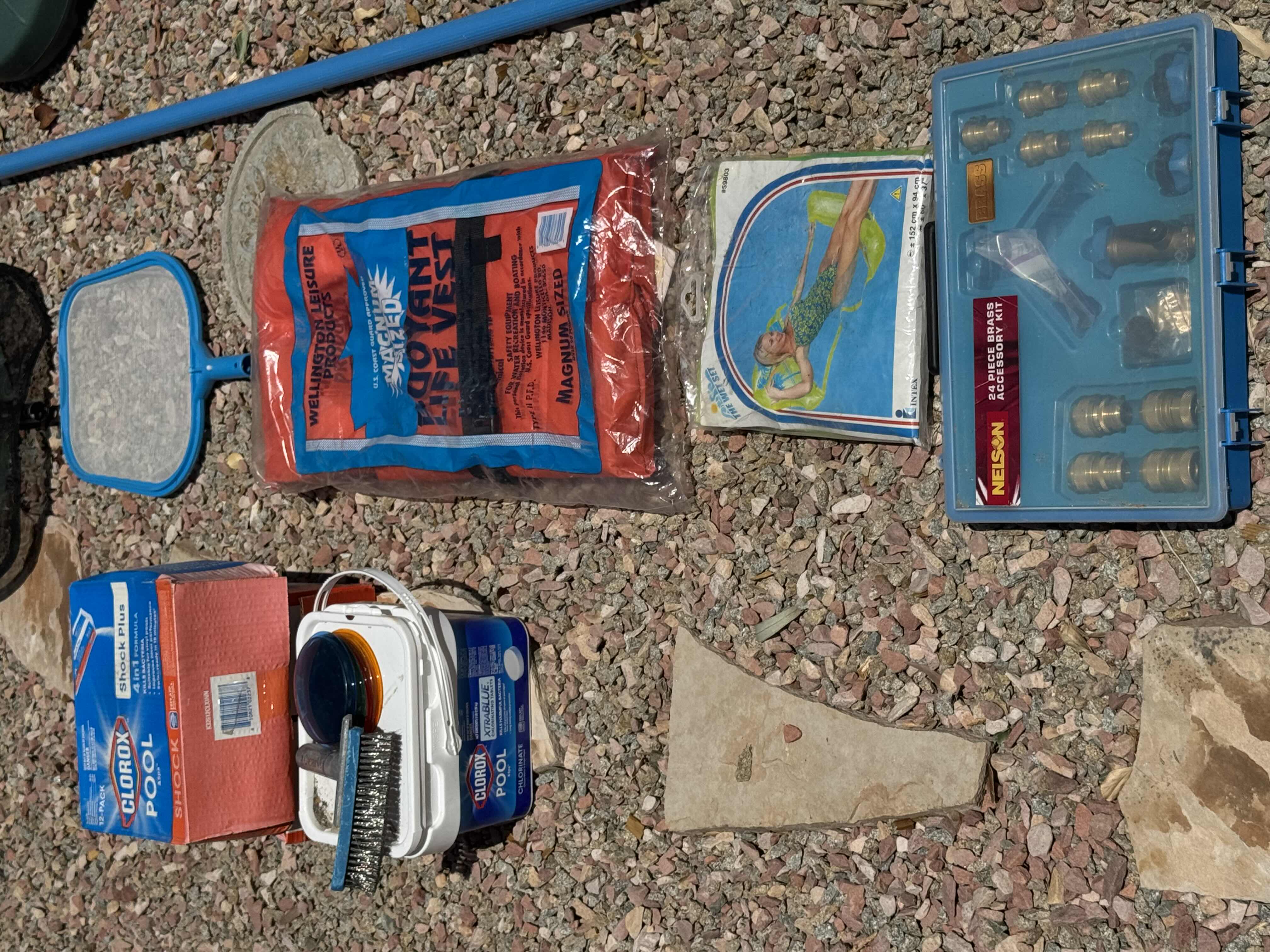 Photo 1 of OUTDOOR POOL SUPPLIES, ASSORTED POOL AND CLEANING SUPPLIES, 10 ITEMS CLEANING POOL POLE H101”