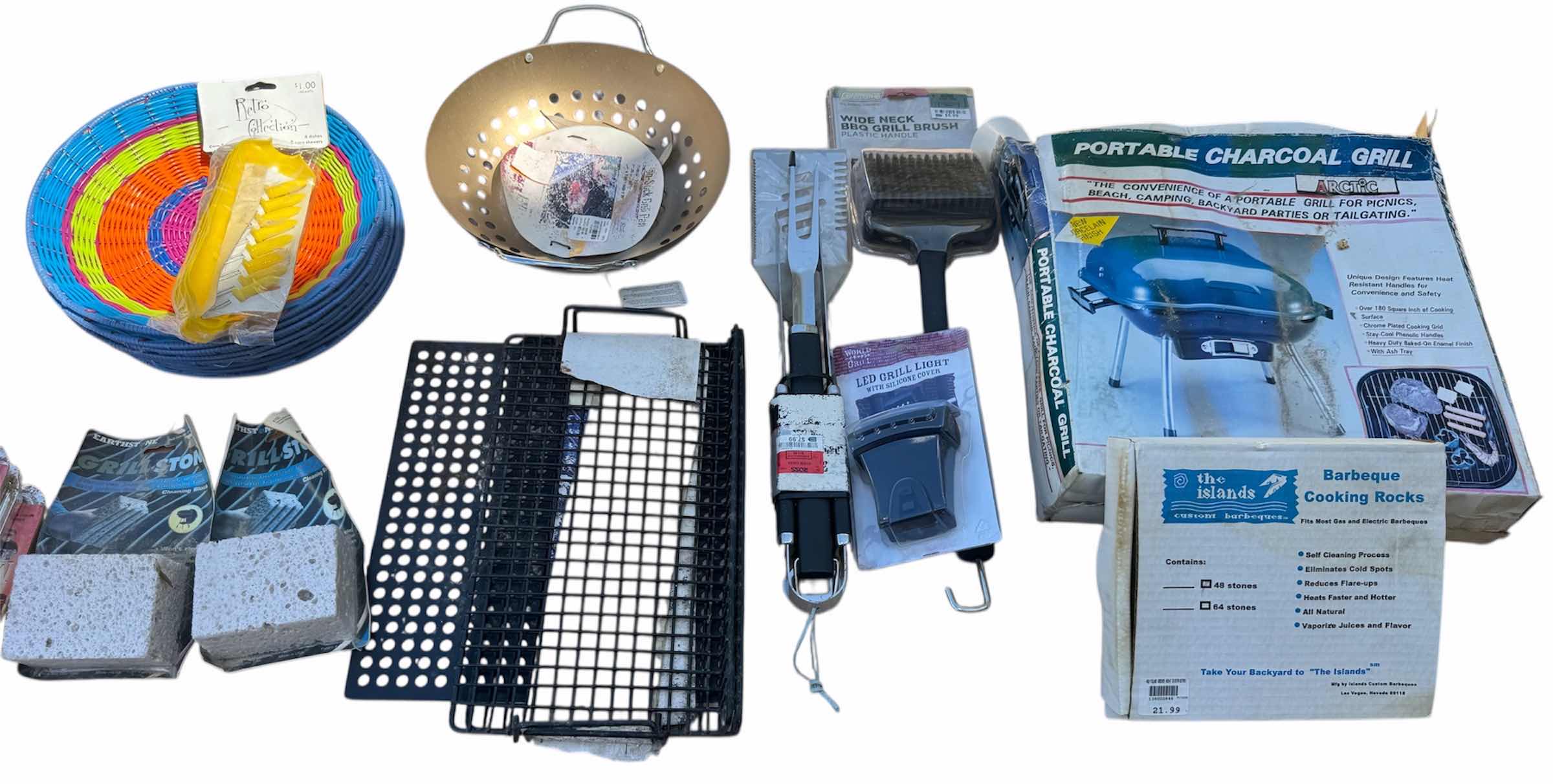 Photo 1 of PORTABLE CHARCOAL GRILL AND ASSORTED OUTDOOR GRILLING TOOLS