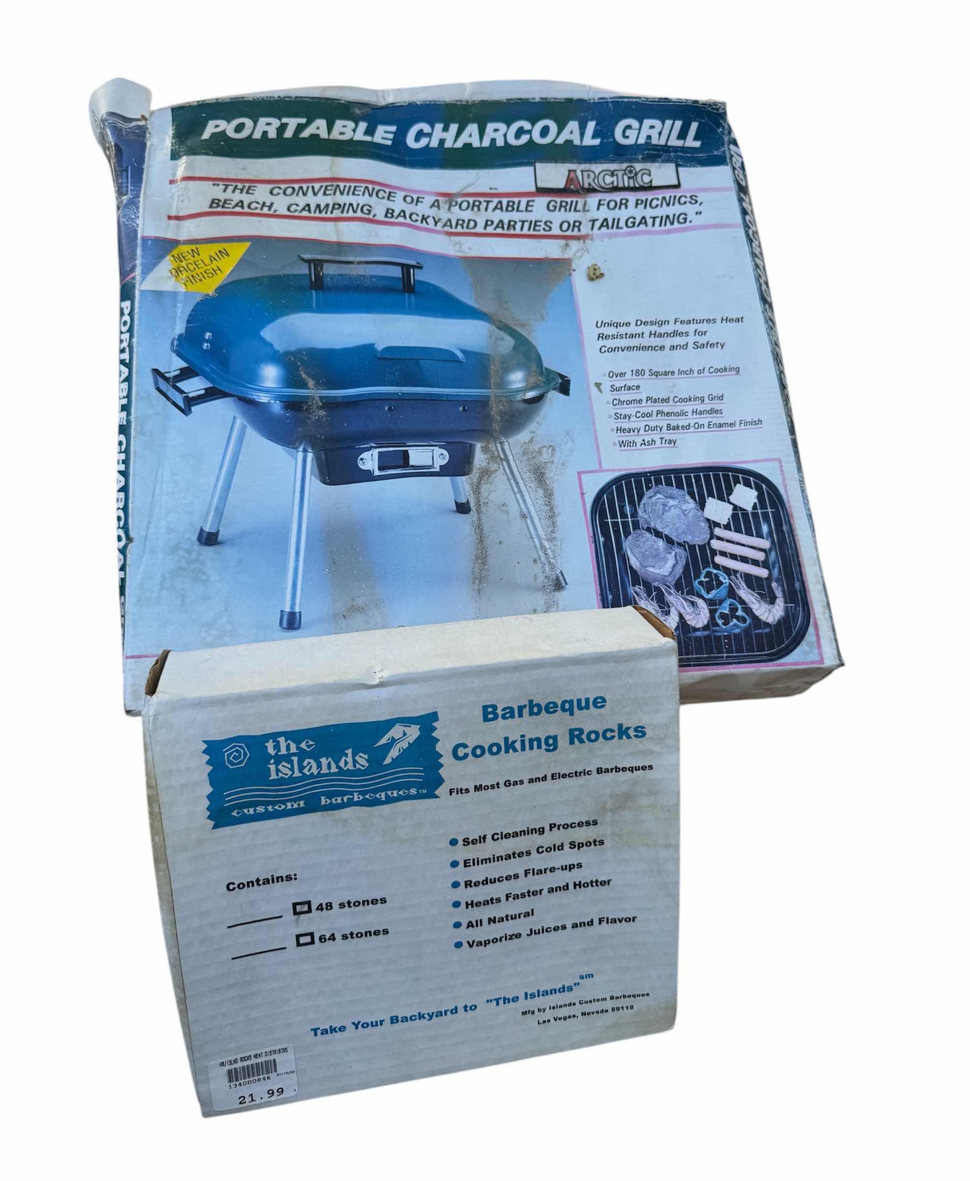 Photo 1 of PORTABLE CHARCOAL GRILL AND ASSORTED OUTDOOR GRILLING TOOLS