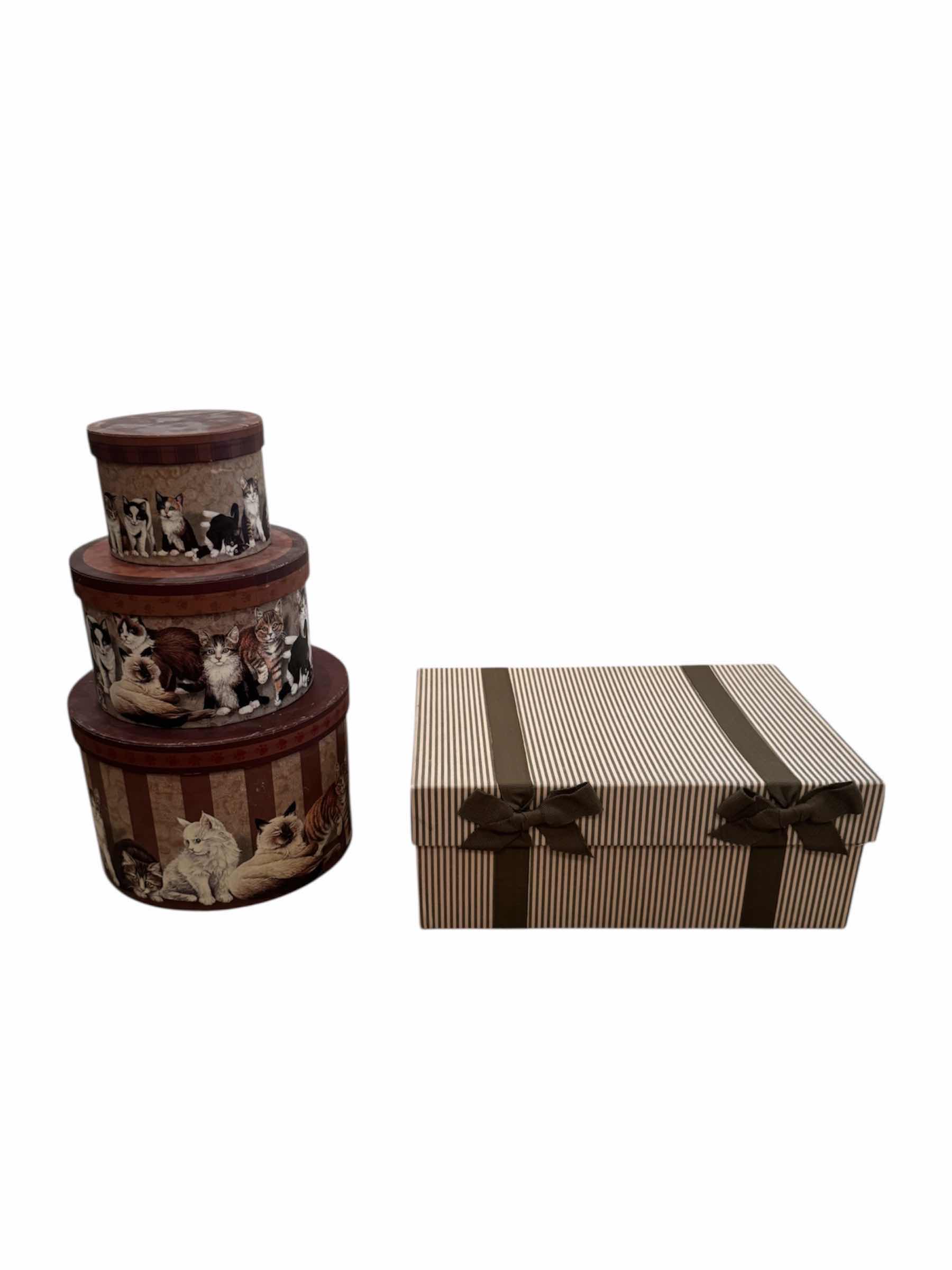 Photo 1 of 65
4- VINTAGE ASSORTED STORAGE BASKETS, CAT DESIGN AND STRIPED WITH BOWS

H6” AND SMALLER