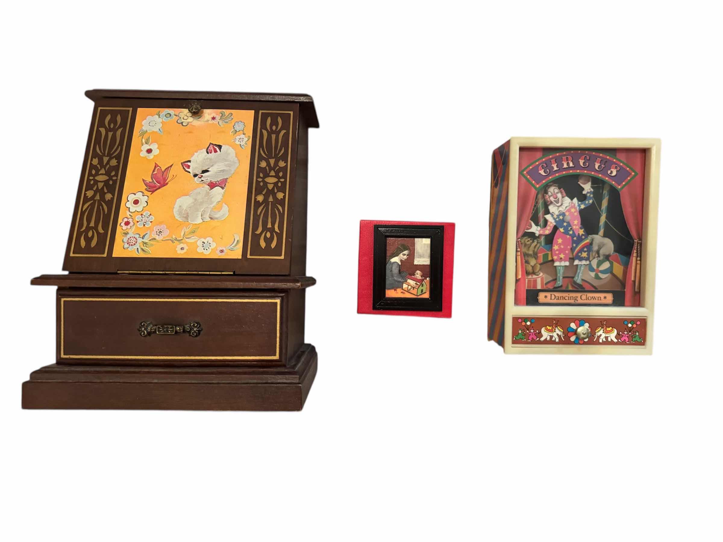 Photo 1 of 90
VINTAGE WOOD MUSIC JEWELRY BOX, TINKET KEEPSAKE, CIRCUS WOODEN MUSIC BOX, AND MINIATURE PAINTING
H10” AND SMALLER