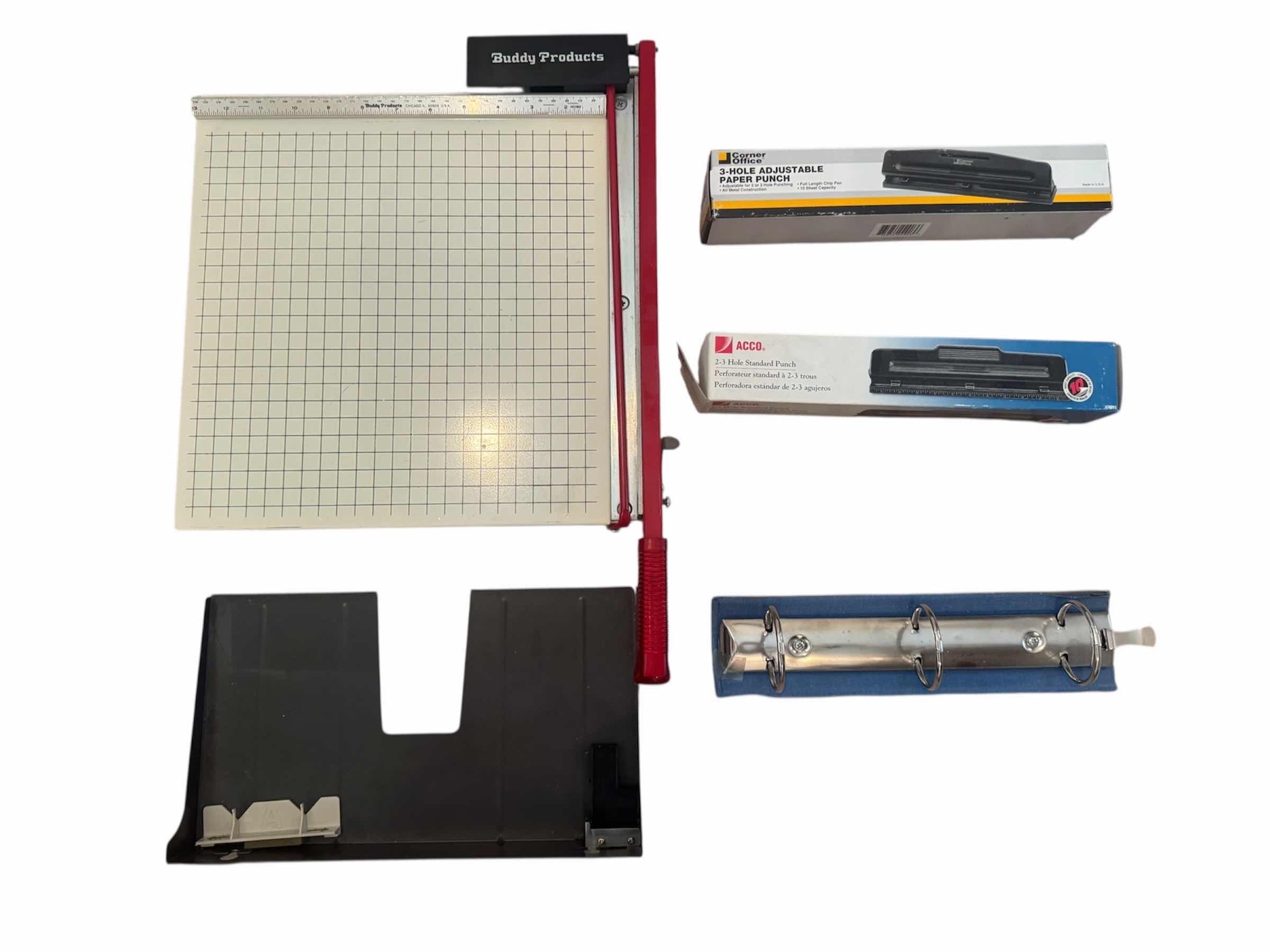 Photo 1 of 45
PAPER CUTTER, 3-HOLE ADJUSTABLE PAPER PUNCH, AND 2-3 HOLE STANDARD PUCNH
PAPER CUTTER
13” X 13” X H2”