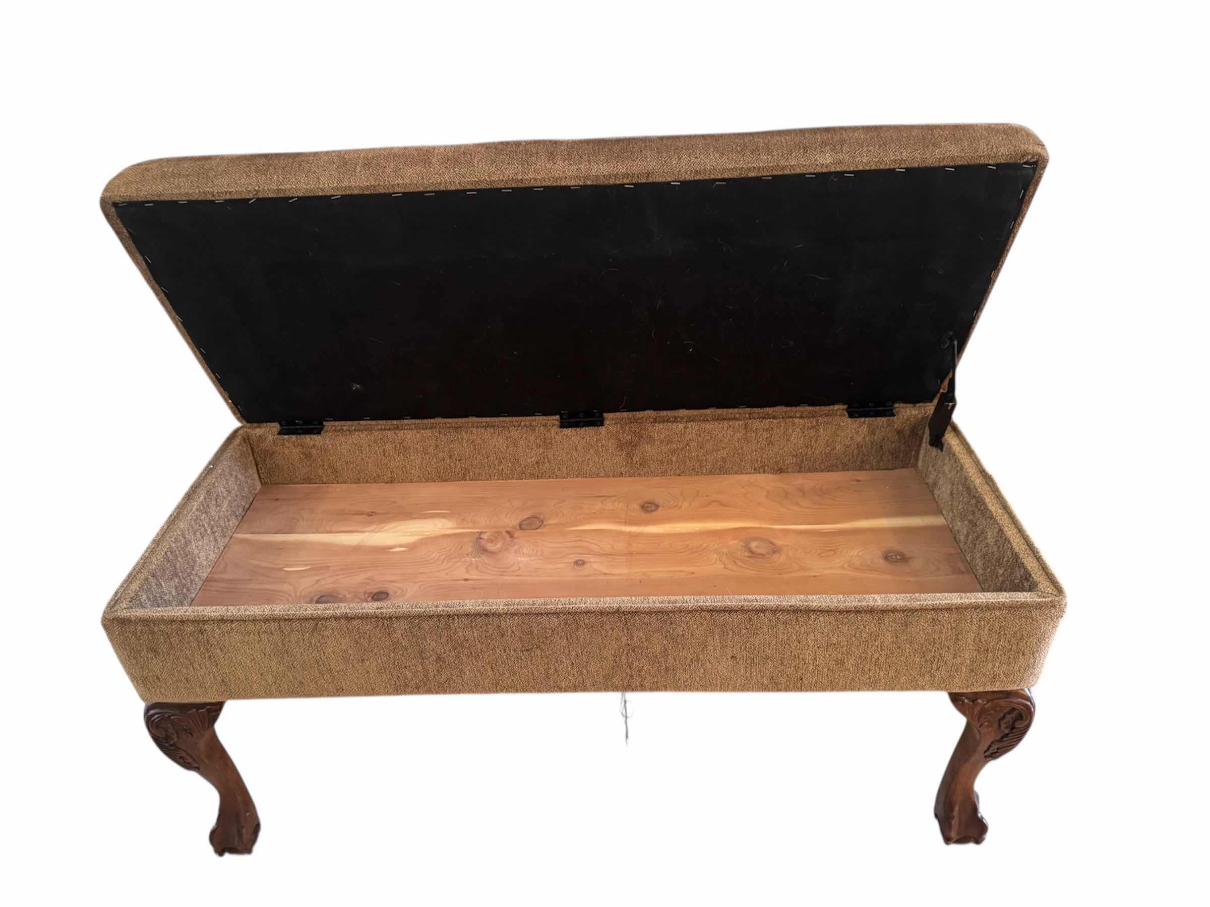 Photo 1 of 100
VINTAGE QUEEN ANNE OTTOMAN, STORAGE BENCH, WOODEN BASE, 

16” X 39” X H20.5”