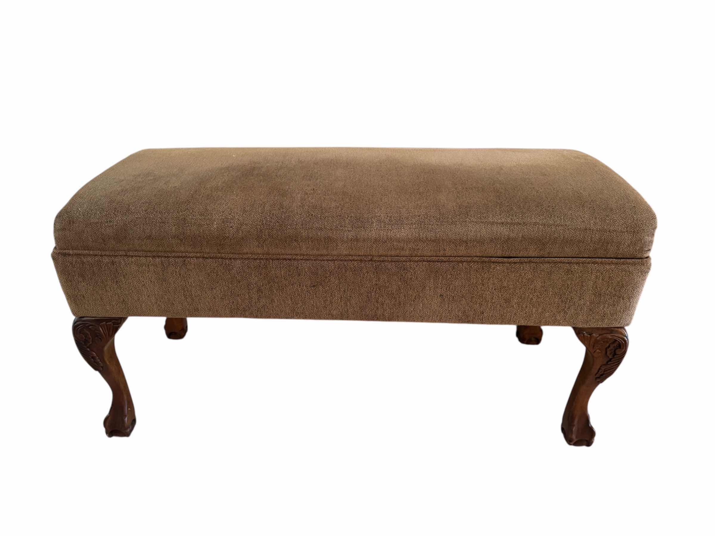 Photo 1 of 100
VINTAGE QUEEN ANNE OTTOMAN, STORAGE BENCH, WOODEN BASE,
16” X 39” X H20.5”