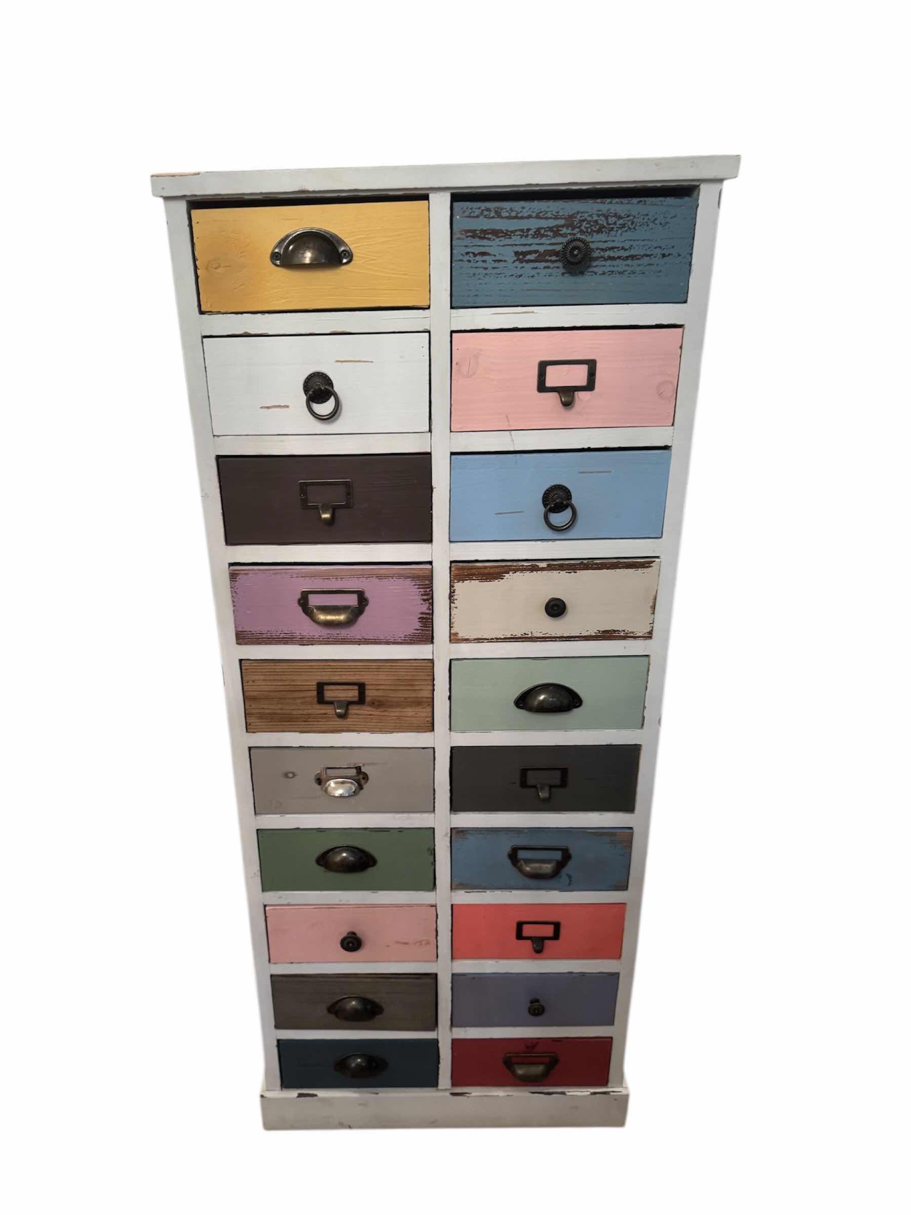 Photo 1 of 44
VINTAGE WOODEN WHITE/MULTICOLOR CHEST OF DRAWERS, STORAGE, CRAFTING STORAGE, HOME ESSENTIALS, HOME FURNITURE 

13” X 22” X H51.5”