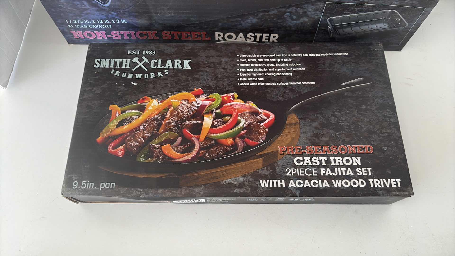 Photo 1 of NEW IN BOX SMITH AND CLARK ROASTER PAN 17”X12”X3”H CAST IRON SKILLETS 9.5”