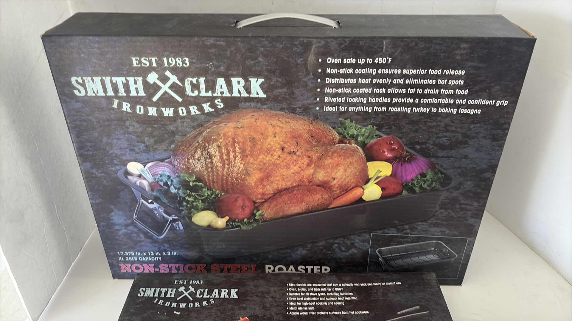 Photo 1 of NEW IN BOX SMITH AND CLARK ROASTER PAN 17”X12”X3”H CAST IRON SKILLETS 9.5”