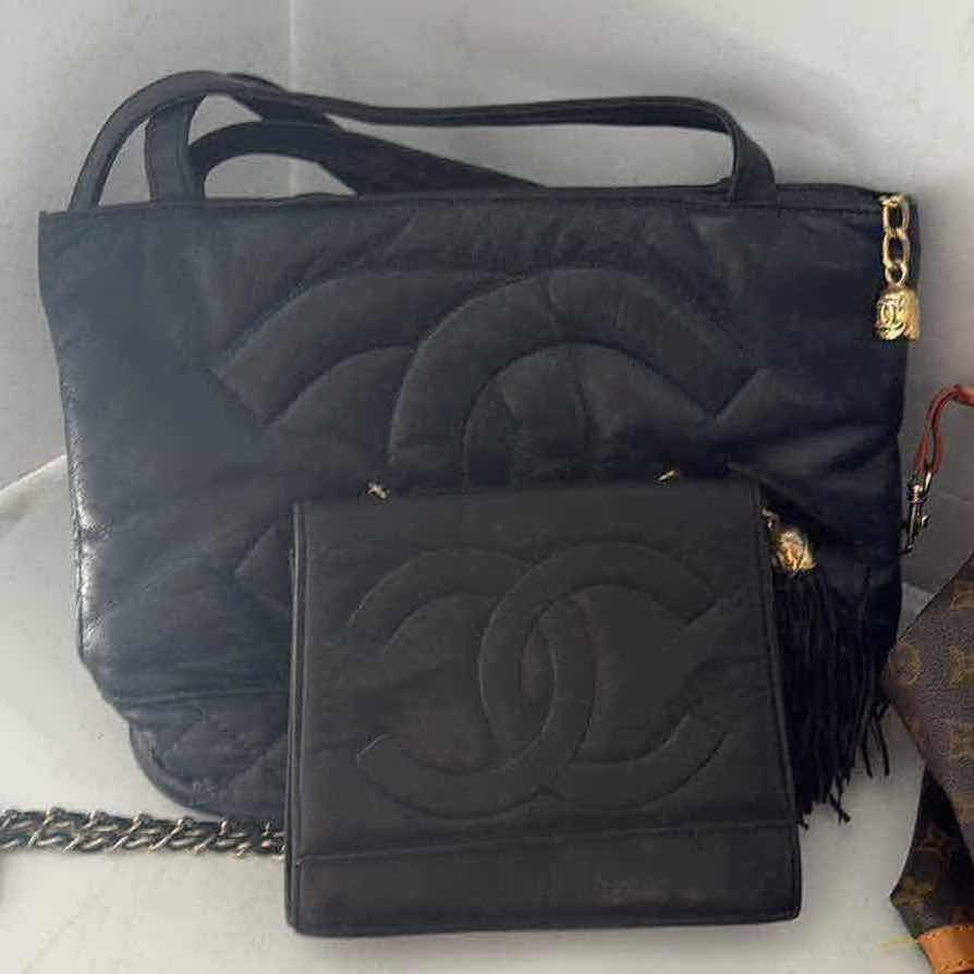Photo 1 of VINTAGE FAUX CHANEL HANDBAGS 14” & FAUX LOUIS VUITTON DUFFEL BAG 24” (REPLICAS, NOT AUTHENTIC)