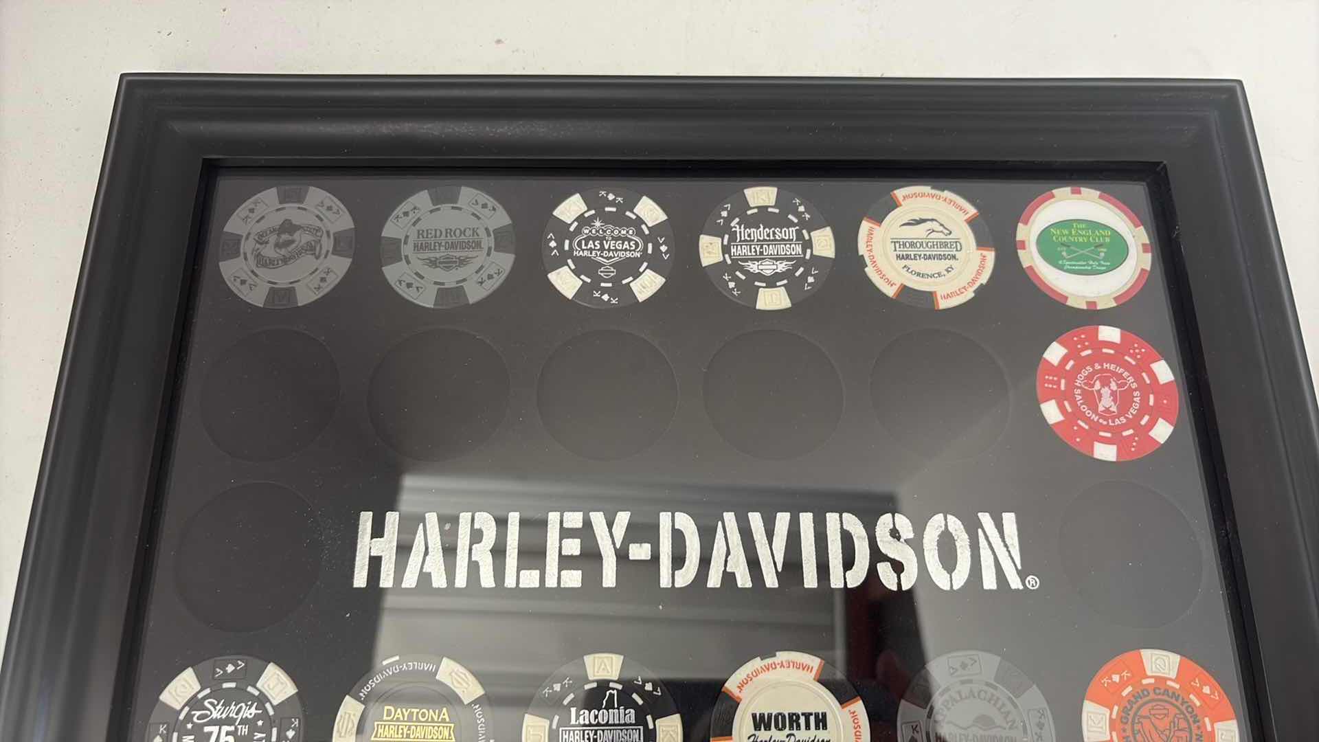 Photo 1 of IN BOX-HARLEY DAVIDSON POKER CHIP COLLECTORS FRAME 13.5”X11.5”H