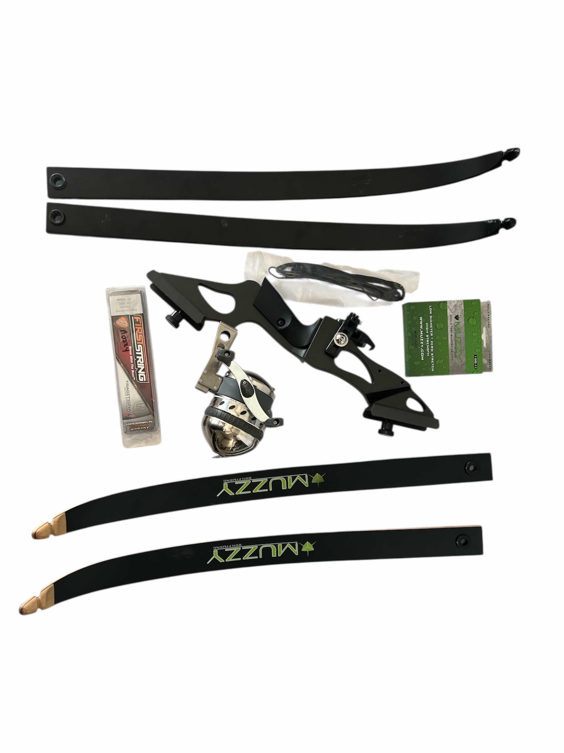 Photo 1 of MUZZY BOW FISHING KIT , INCLUDING FISHING REEL, 100 FOOT LENGTH 200 LBS TEST BOWFISHING LINE, AND RECRUVE STRING DACRON 58” AMD BOW STRINGS. TWO 32" BOWFISHING ARROWS
