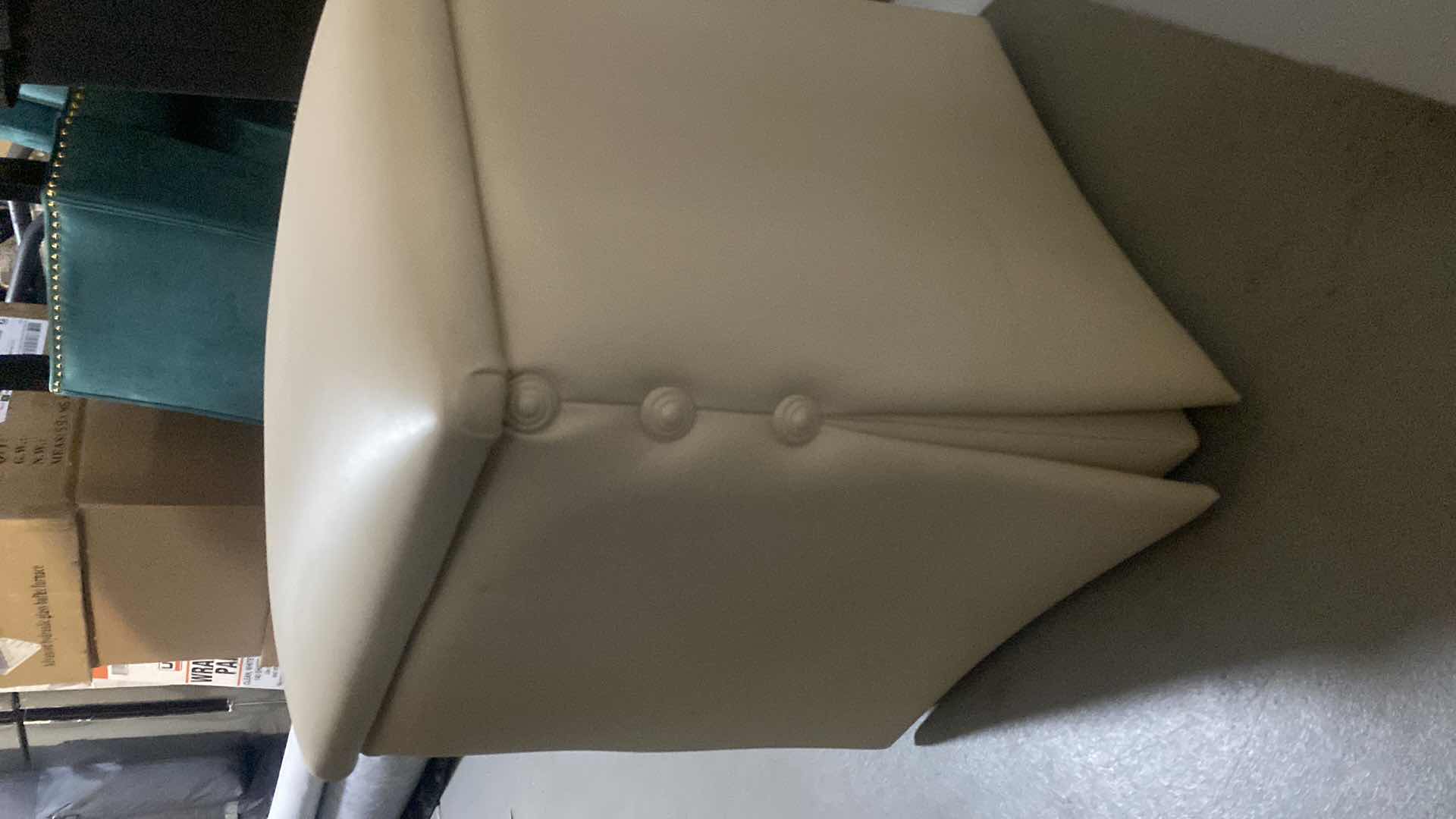 Photo 1 of BONDED CREAM COLOR LEATHER SKIRTED OTTOMAN / FOOT STOOL WITH BUTTON DETAILS FROM WYNN LAS VEGAS 14 3/4“ X 16 3/4“