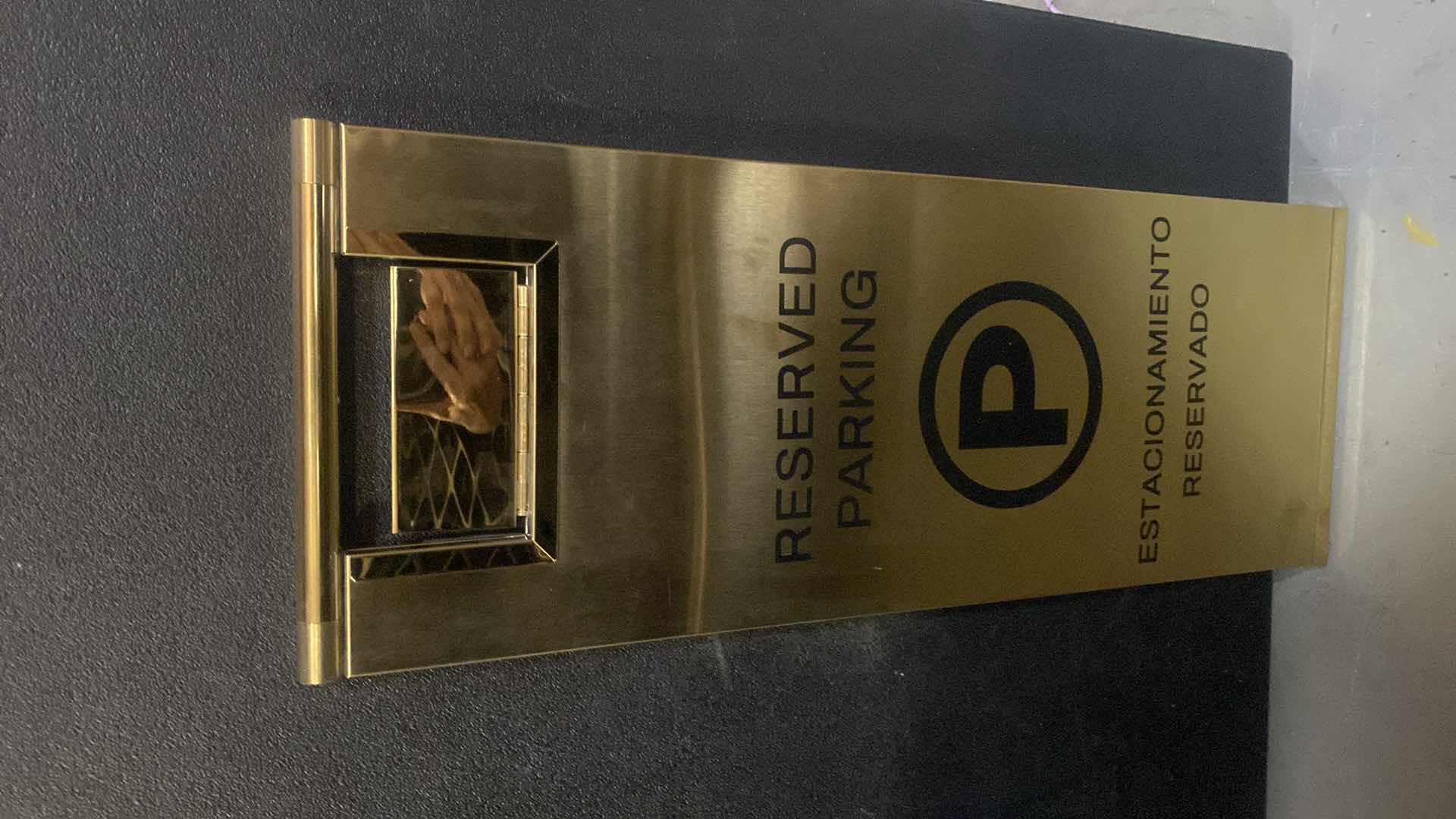 Photo 1 of $50 FOLDABLE GOLD HEAVY ALUMINUM RESERVED PARKING BILINGUAL SIGN 8 3/4“ x 23“ (2 AVAILABLE EACH SOLD SEPARATELY)