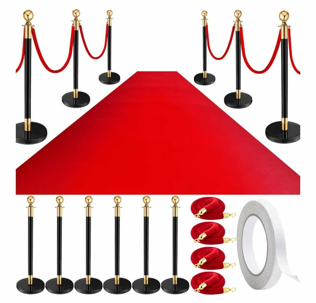 Photo 1 of PELOPY STANCION POSTS 6 BLACK WITH GOLD TRIM, 5 RED VELVET ROPES FOR PARTY / CROWD CONTROL - NO CARPET OR TAPE (2 SETS AVAILABLE, MORE VELVET ROPES AVAILABLE SOLD SEPARATELY)