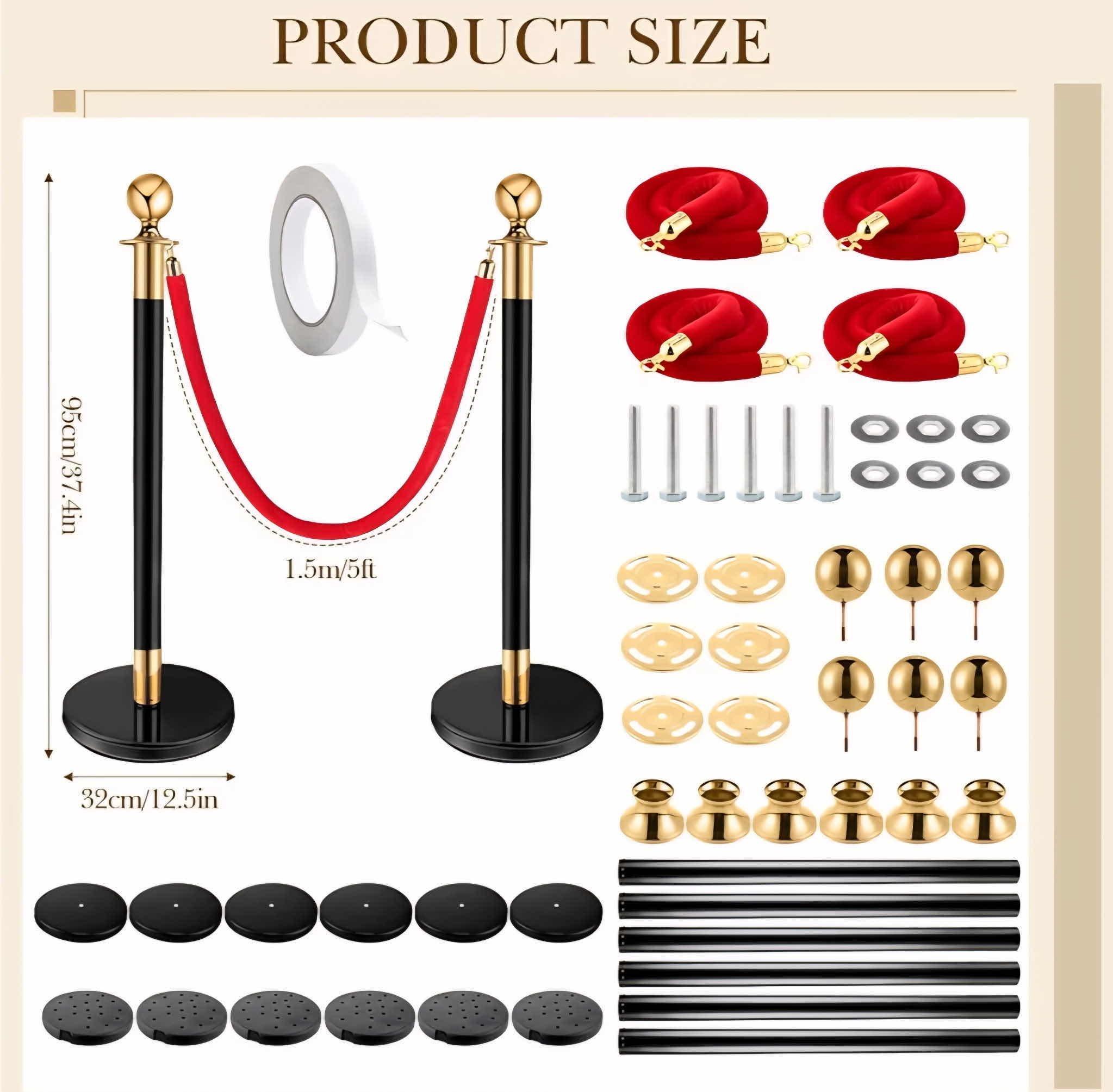 Photo 1 of PELOPY STANCION POSTS 6 BLACK WITH GOLD TRIM, 5 RED VELVET ROPES FOR PARTY / CROWD CONTROL - NO CARPET OR TAPE (2 SETS AVAILABLE, MORE VELVET ROPES AVAILABLE SOLD SEPARATELY)