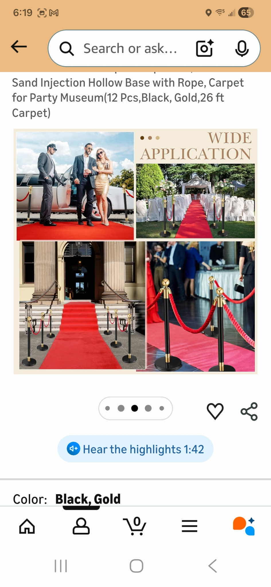 Photo 1 of PELOPY STANCION POSTS 6 BLACK WITH GOLD TRIM, 5 RED VELVET ROPES FOR PARTY / CROWD CONTROL - NO CARPET OR TAPE (2 SETS AVAILABLE, MORE VELVET ROPES AVAILABLE SOLD SEPARATELY)