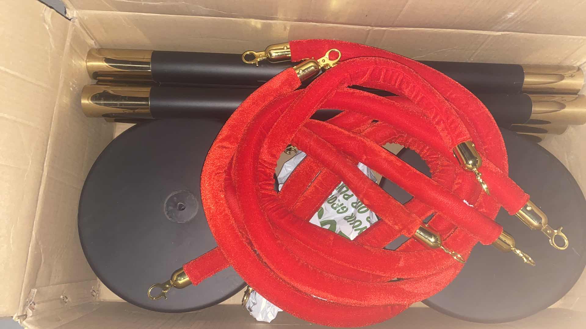 Photo 1 of PELOPY STANCION POSTS 6 BLACK WITH GOLD TRIM, 5 RED VELVET ROPES FOR PARTY / CROWD CONTROL - NO CARPET OR TAPE (2 SETS AVAILABLE, MORE VELVET ROPES AVAILABLE SOLD SEPARATELY)
