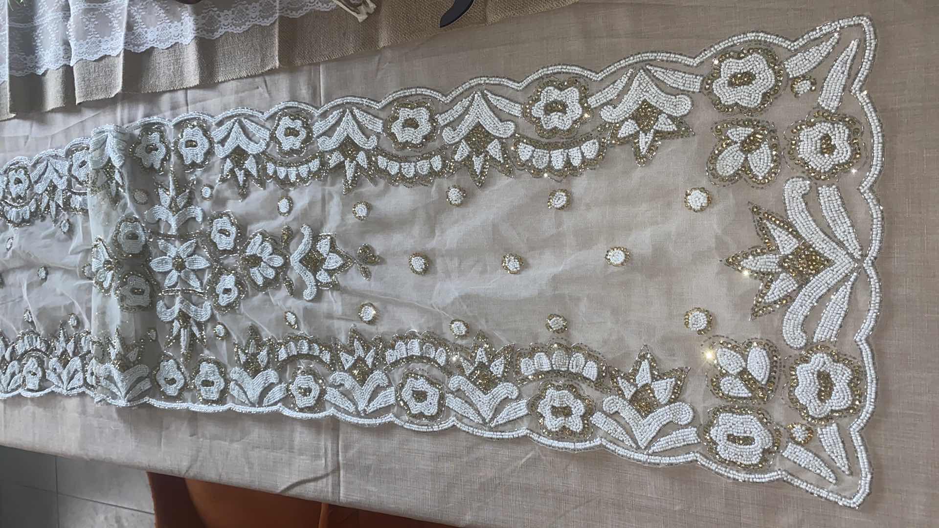 Photo 1 of BEADED WHITE & GOLD TABLE RUNNER 17“ x 70“