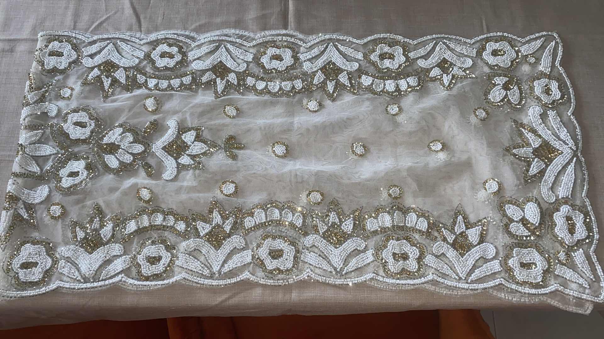 Photo 1 of BEADED WHITE & GOLD TABLE RUNNER 17“ x 70“