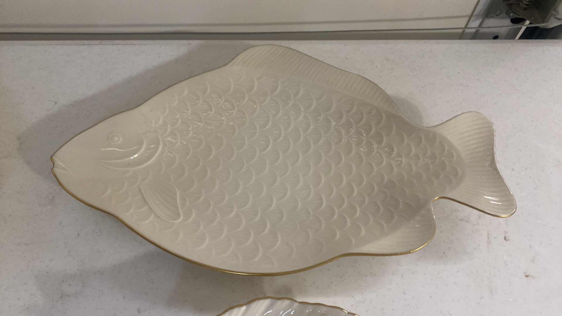 Photo 1 of VINTAGE LENOX IVORY & GOLD FISH SERVING PLATE 17” & BIWL 8”