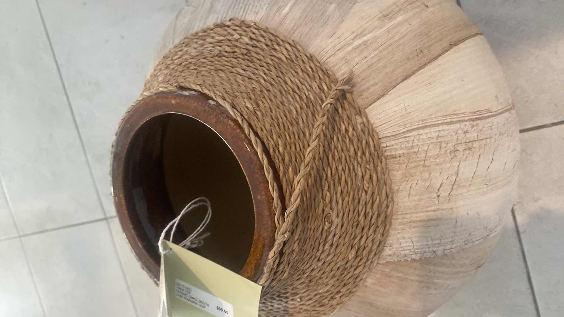 Photo 1 of LANE SMALL MOUTHED BANANA LEAF ON CLAY VASE 12” X 11”