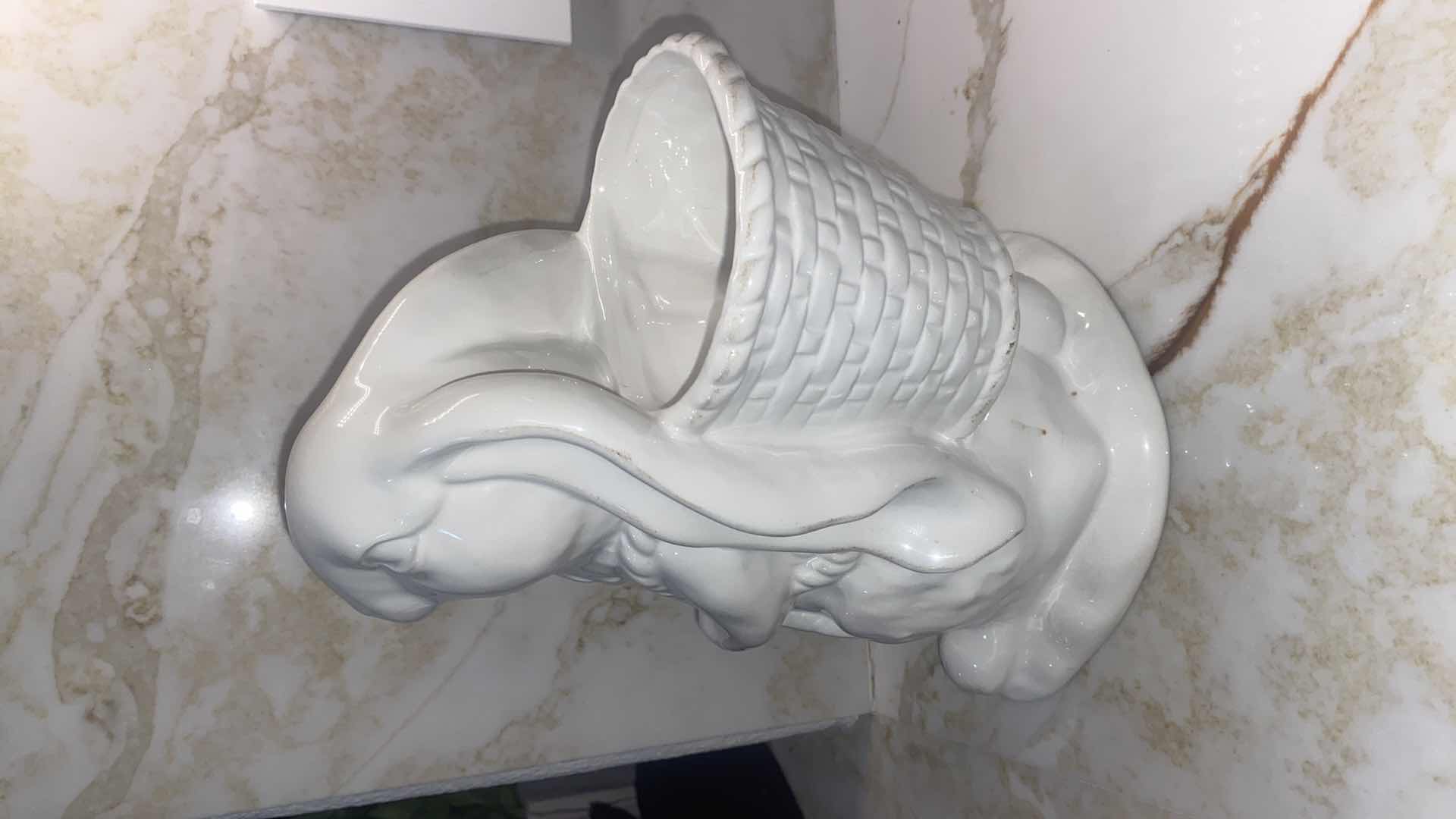 Photo 1 of SOUTHERN LIVING WHITE CERAMIC RABBIT WITH CARRIT & FLOWER POT STATUE 6 1/2” X 10 1/2”