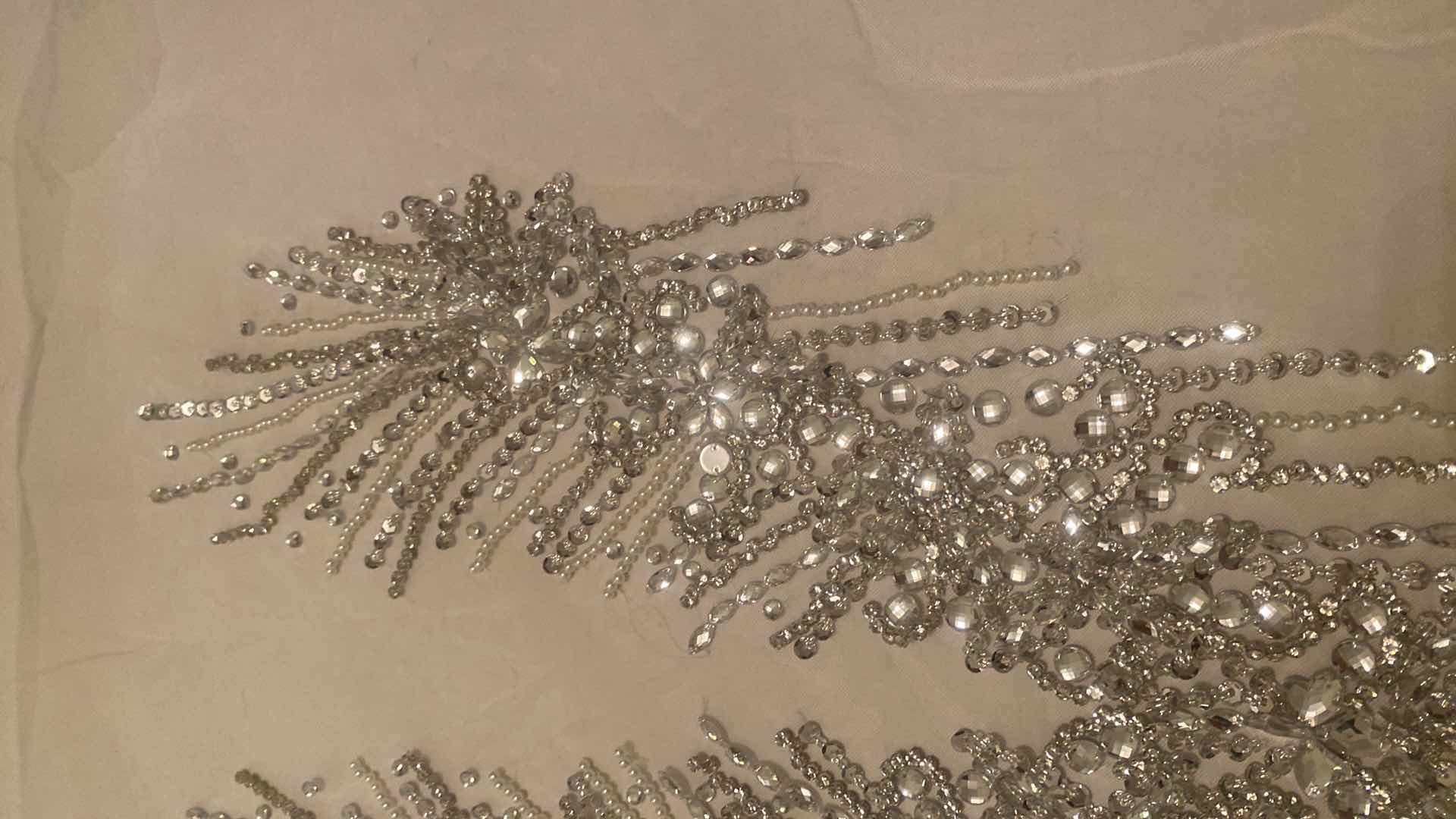 Photo 1 of LARGE HANDMADE RHINESTONE & PEARL APPLIQUÉ ON WHITE MESH FOR DRESS OR JACKET MEASUREMENT IS APPLICANT ONLY NOT INCLUDING THE MESH 13” X 22”