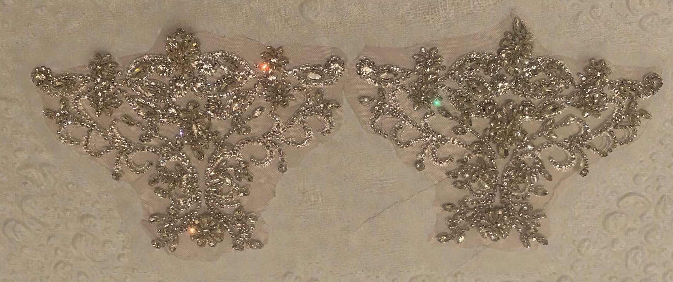 Photo 1 of 2 - HANDMADE RHINESTONE APPLIQUÉS ON WHITE MESH FOR HAT, DRESS, SHIRT OR JACKET MEASUREMENT IS APPLIQUÉ ONLY NOT INCLUDING THE MESH, EACH MEASURES 8 1/4“ X 6 1/2“