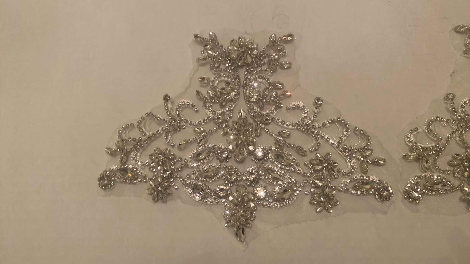 Photo 1 of 2 - HANDMADE RHINESTONE APPLIQUÉS ON WHITE MESH FOR HAT, DRESS, SHIRT OR JACKET MEASUREMENT IS APPLIQUÉ ONLY NOT INCLUDING THE MESH, EACH MEASURES 8 1/4“ X 6 1/2“