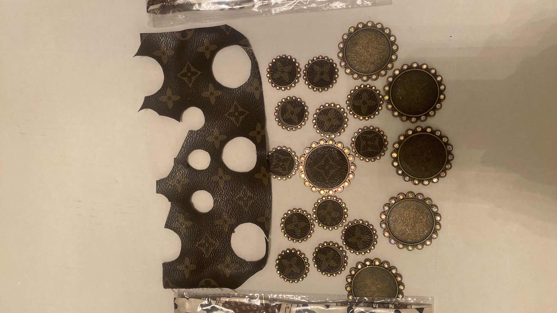 Photo 1 of UPCYCLED LOUIS VUITTON MONOGRAM PATCHES & 4 REPLICA LV HAIR/HAT SCARFS FOR CRAFTS