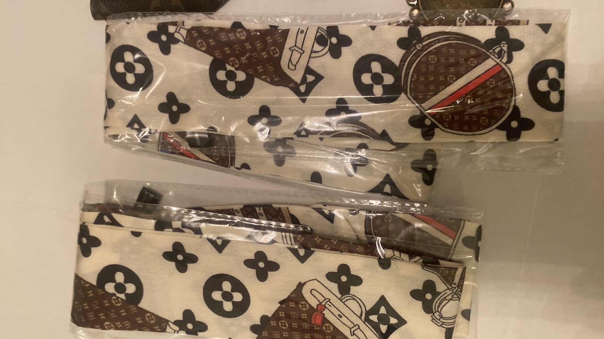 Photo 1 of UPCYCLED LOUIS VUITTON MONOGRAM PATCHES & 4 REPLICA LV HAIR/HAT SCARFS FOR CRAFTS