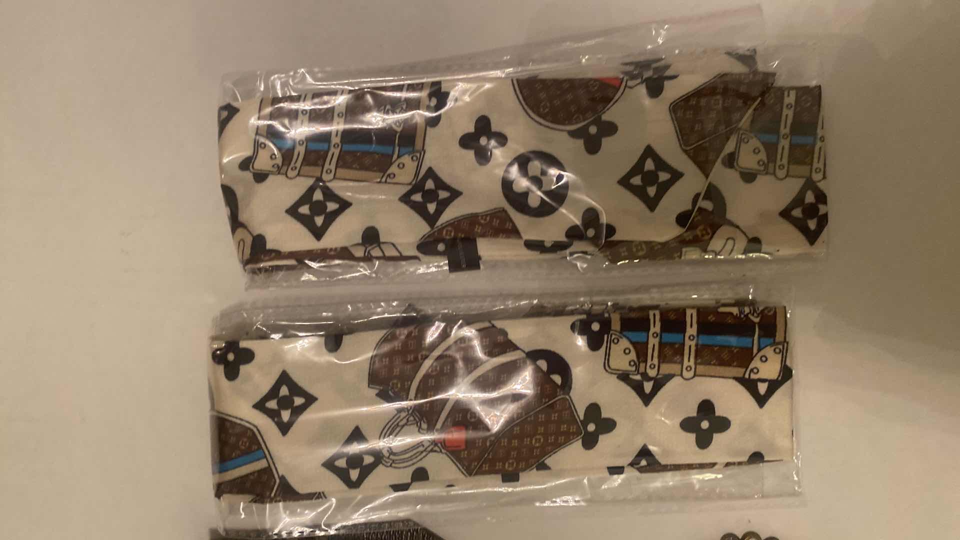 Photo 1 of UPCYCLED LOUIS VUITTON MONOGRAM PATCHES & 4 REPLICA LV HAIR/HAT SCARFS FOR CRAFTS