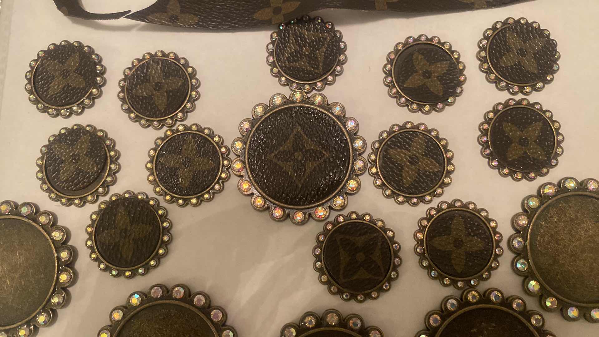 Photo 1 of UPCYCLED LOUIS VUITTON MONOGRAM PATCHES & 4 REPLICA LV HAIR/HAT SCARFS FOR CRAFTS