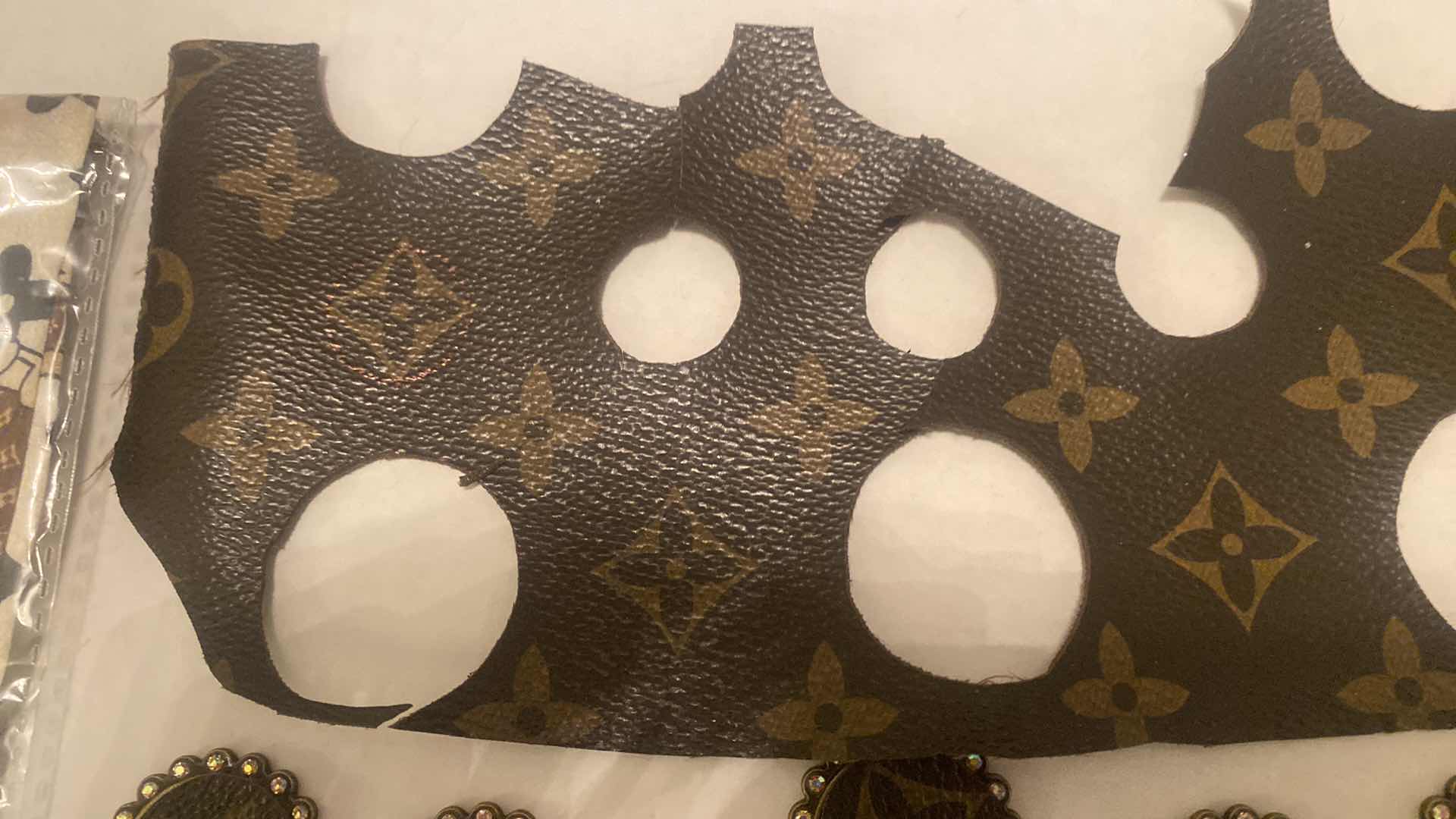 Photo 1 of UPCYCLED LOUIS VUITTON MONOGRAM PATCHES & 4 REPLICA LV HAIR/HAT SCARFS FOR CRAFTS