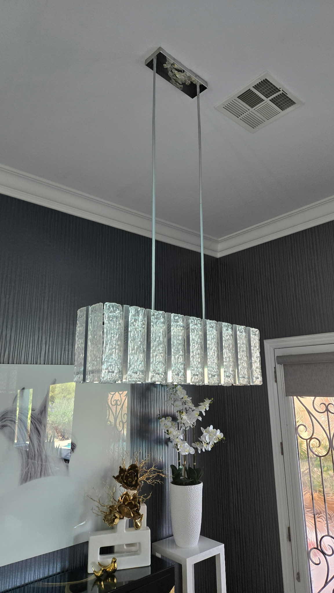 Photo 1 of CONTEMPORARY 9 LIGHT LINEAR GLACIER GLASS ISLAND CHANDELIER WITH CHROME FINISH FIXTURE 36” X 7 3/4” H10 1/4”, OVERALL HEIGHT AS SHOWN 5’ (4 rods 12” each, can adjust by removing rod.)