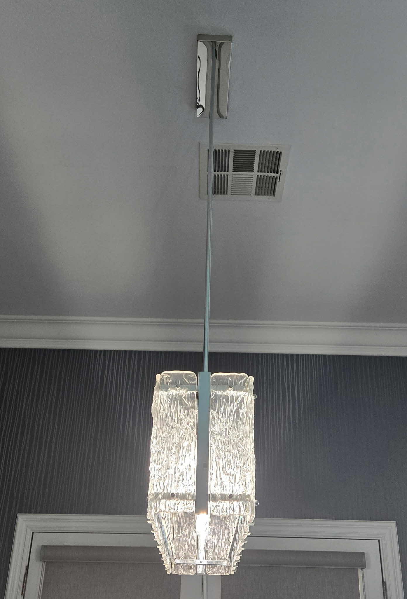 Photo 1 of CONTEMPORARY 9 LIGHT LINEAR GLACIER GLASS ISLAND CHANDELIER WITH CHROME FINISH FIXTURE 36” X 7 3/4” H10 1/4”, OVERALL HEIGHT AS SHOWN 5’ (4 rods 12” each, can adjust by removing rod.)