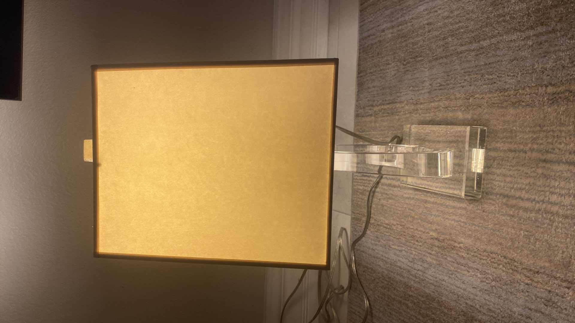 Photo 1 of DESIGNER LUCITE TABLE LAMP WITH RECTANGULAR SHADE 13 1/2“ X 21“