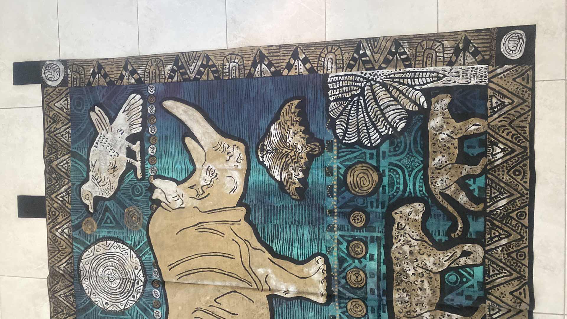 Photo 1 of VINTAGE MIXED MEDIA ORIGINAL PAINTED RHINO & LIONESSES ON FABRIC SIGNED, PURCHASED IN SOUTH AFRICA 5’ X 5’ EXCLUDING STRAPS