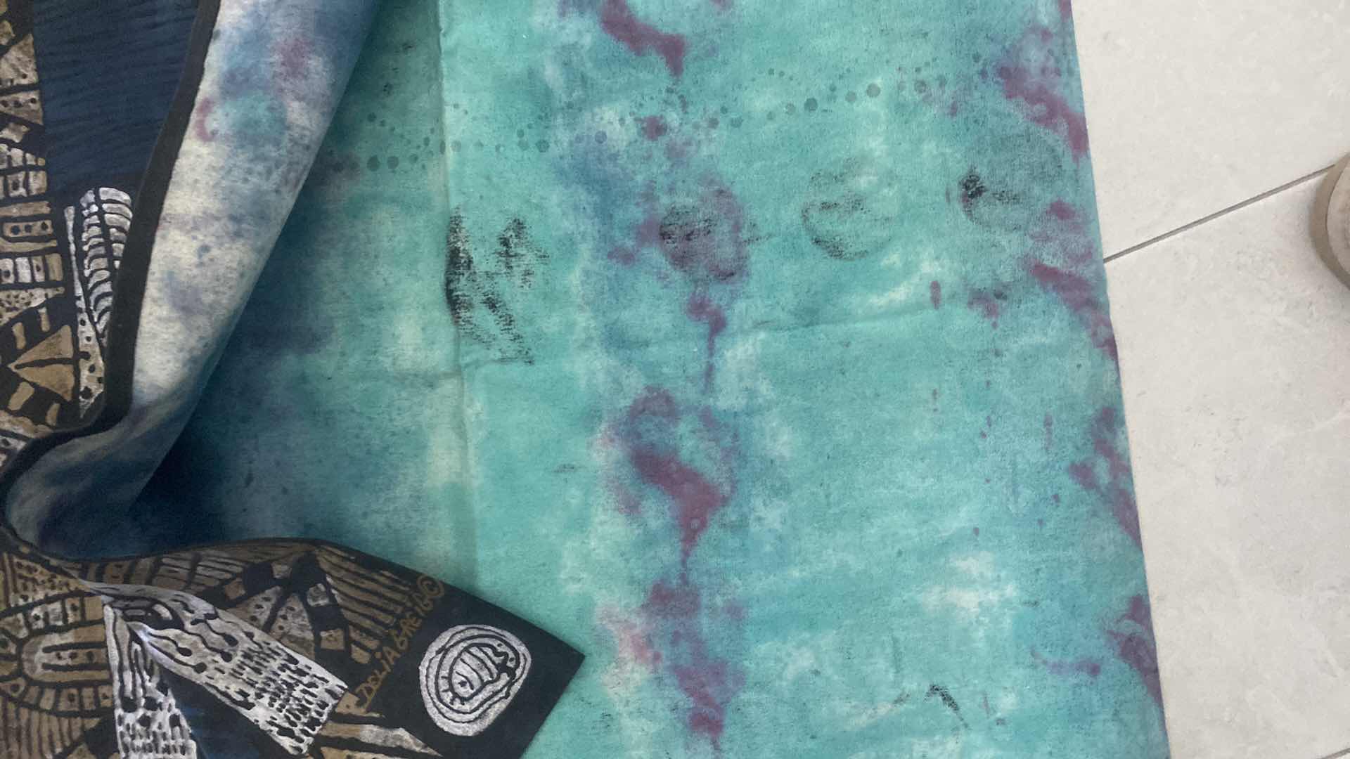 Photo 1 of VINTAGE MIXED MEDIA ORIGINAL PAINTED RHINO & LIONESSES ON FABRIC SIGNED, PURCHASED IN SOUTH AFRICA 5’ X 5’ EXCLUDING STRAPS