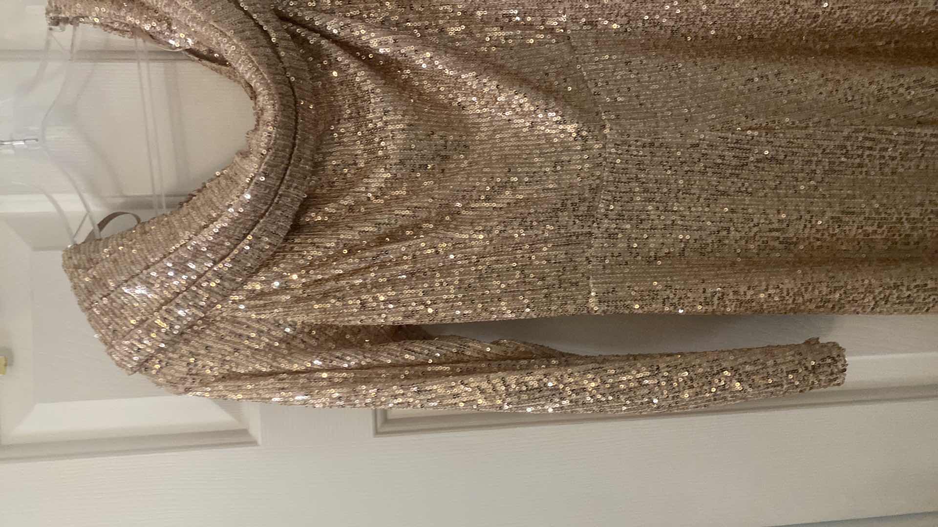 Photo 1 of WOMENS DESIGNER IEENA FOR MAC DUGGAL CHAMPAGNE COLOR SEQUIN JUMP SUIT- LONG SLEEVES 1 CUT OUT SHOULDER SIZE 8